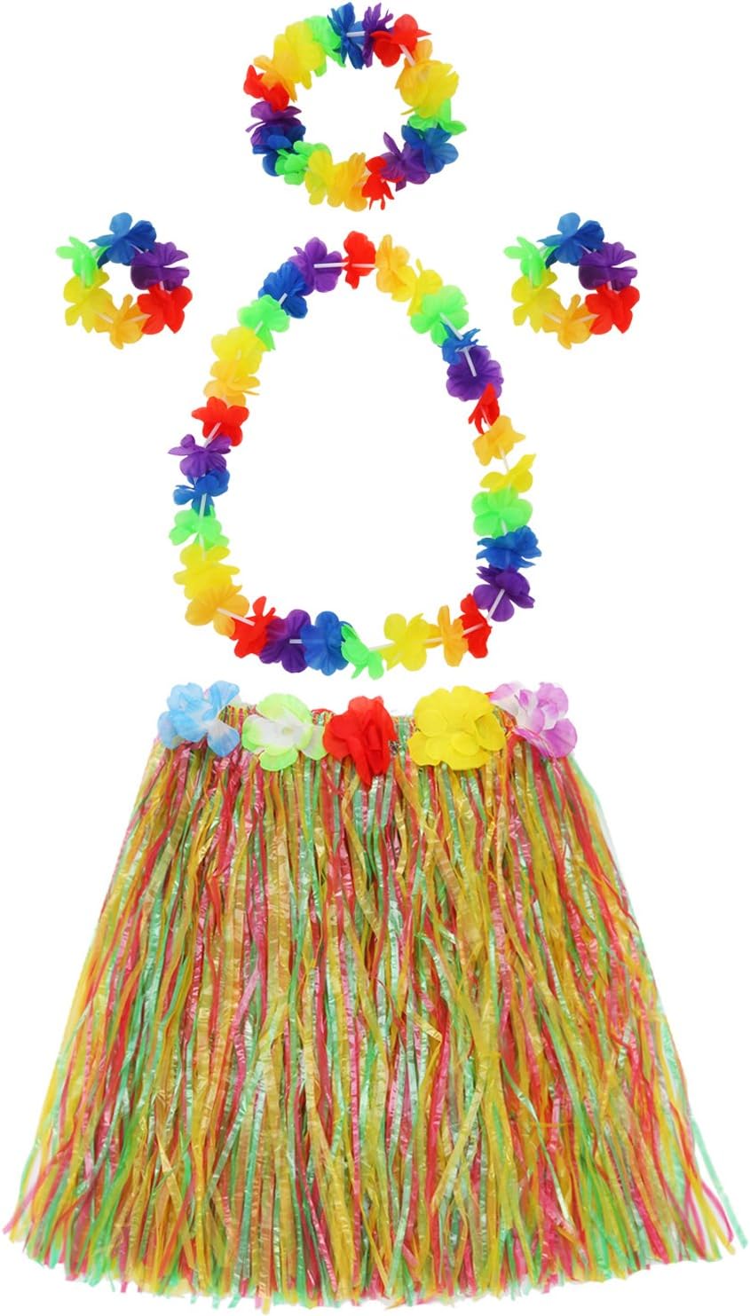 Shappy Juego de 2 faldas hula hawaianas de hierba Luau falda de baile con Leis para mujer, pulseras de flores, diadema y collar