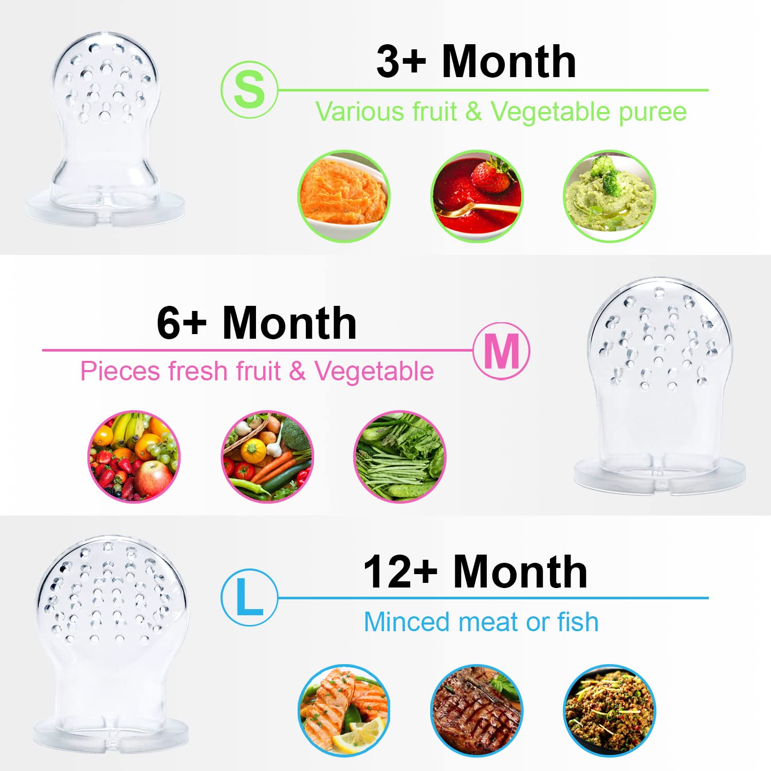 Chupete alimentador de frutas para bebés, paquete de 3, 1 chupete de silicona para bebés y 1 dispensador de cuchara de comida para bebés y 1 cuchara