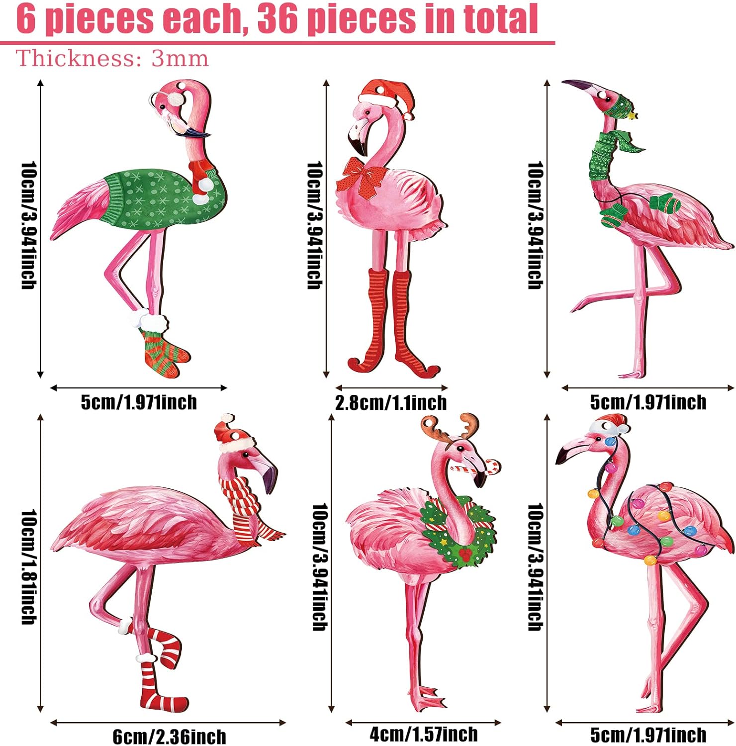 36 adornos para árbol de Navidad de flamenco, adornos colgantes de flamenco rosa, decoración de árbol de Navidad de madera con cuerdas de lino para