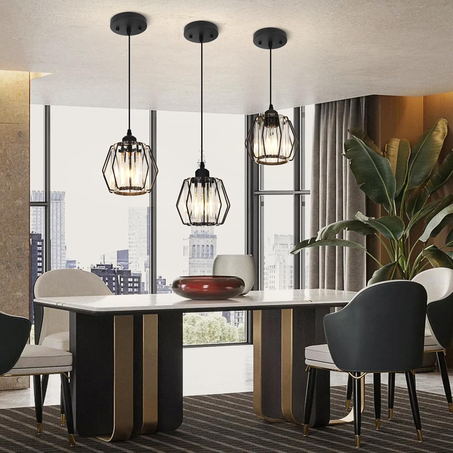 ADISUN Lámpara colgante de cristal para isla de cocina con forma de diamante, luz negra moderna de isla de cocina para bombilla E26, elegante mini