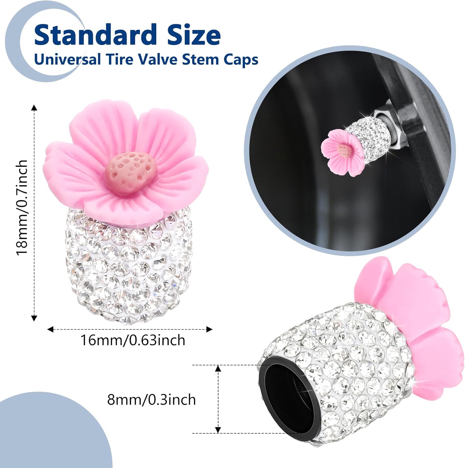 Paquete de 4 tapones de válvula de neumático de automóvil con diamantes de imitación de cristal, flor de Sakura, a prueba de polvo, accesorios
