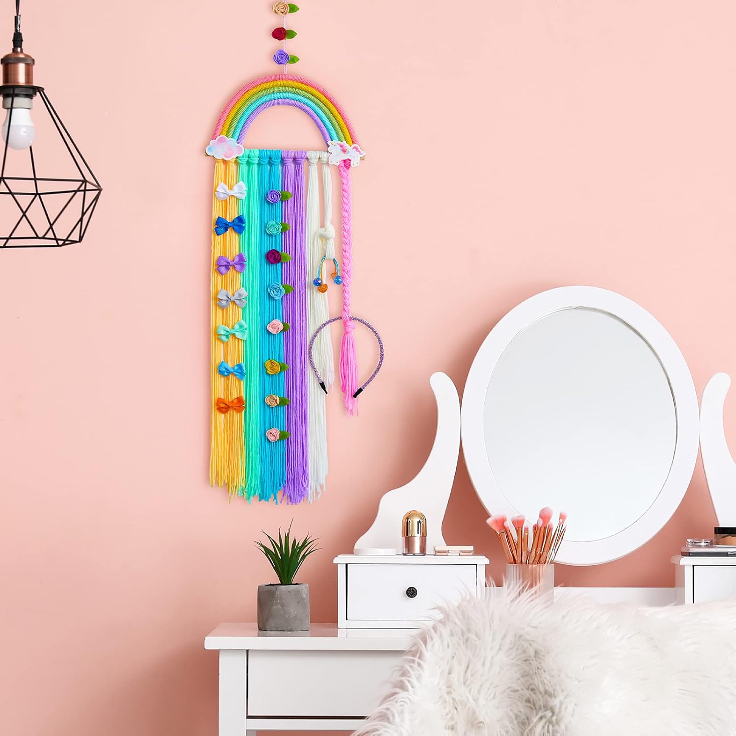 FIOBEE Organizador de lazos para el pelo de arco iris, clips de unicornio, soporte para diadema de unicornio para colgar en la pared, decoración del