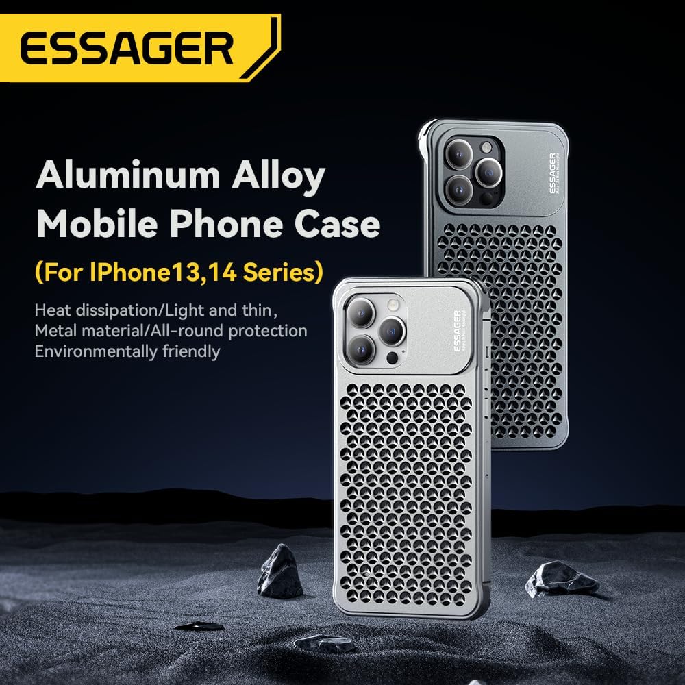 ESSAGER Aleación de aluminio 3D de disipación de calor agujeros anticaída bisel delgado caso para iPhone 13 Pro Max (para iphone13 pro max, gris)