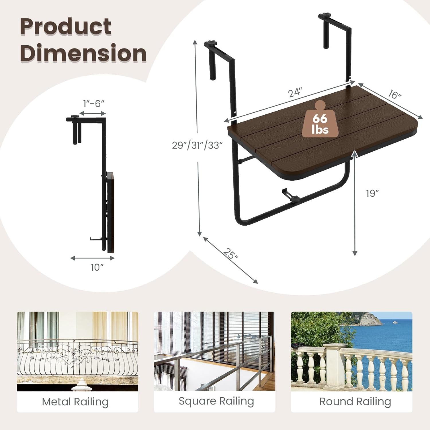 Tangkula Mesa colgante para interiores y exteriores, mesa plegable con altura ajustable de 3 niveles, barandilla de 1 a 6 pulgadas, mesa de servicio