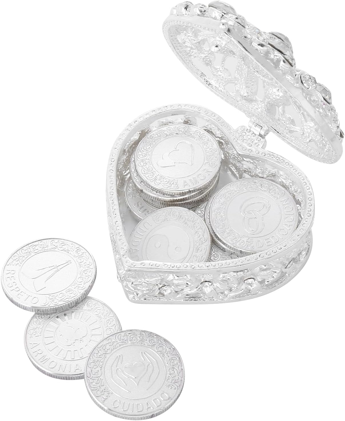 Boda Católica Española Monedas de Plata, Centros de mesa para bodas,Recuerdos para boda con caja en forma de corazón de diamante,Recuerdos de boda