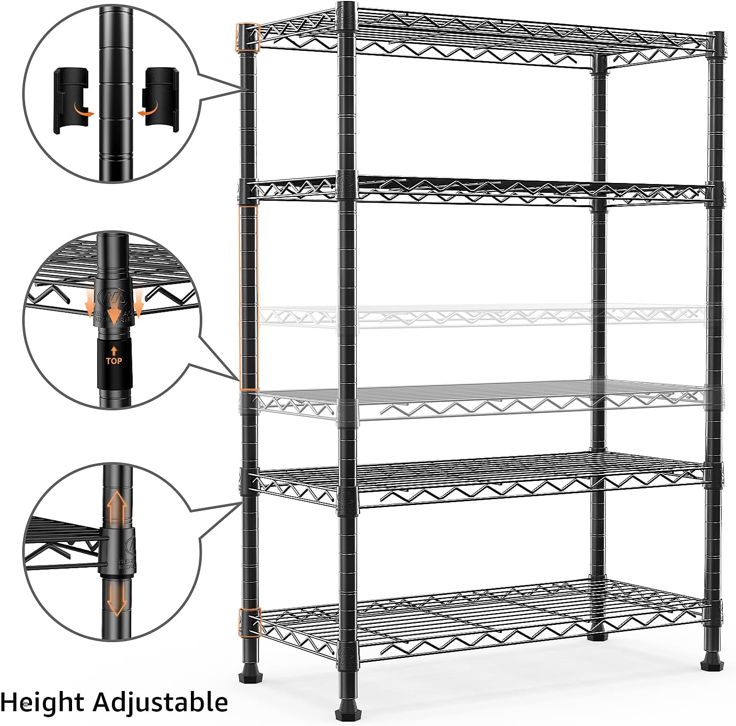 MZG – Estantería de acero resistente de 4 niveles, organizador de acero para el hogar, cocina, oficina, negro (13.7 pulgadas de profundidad x 23.6
