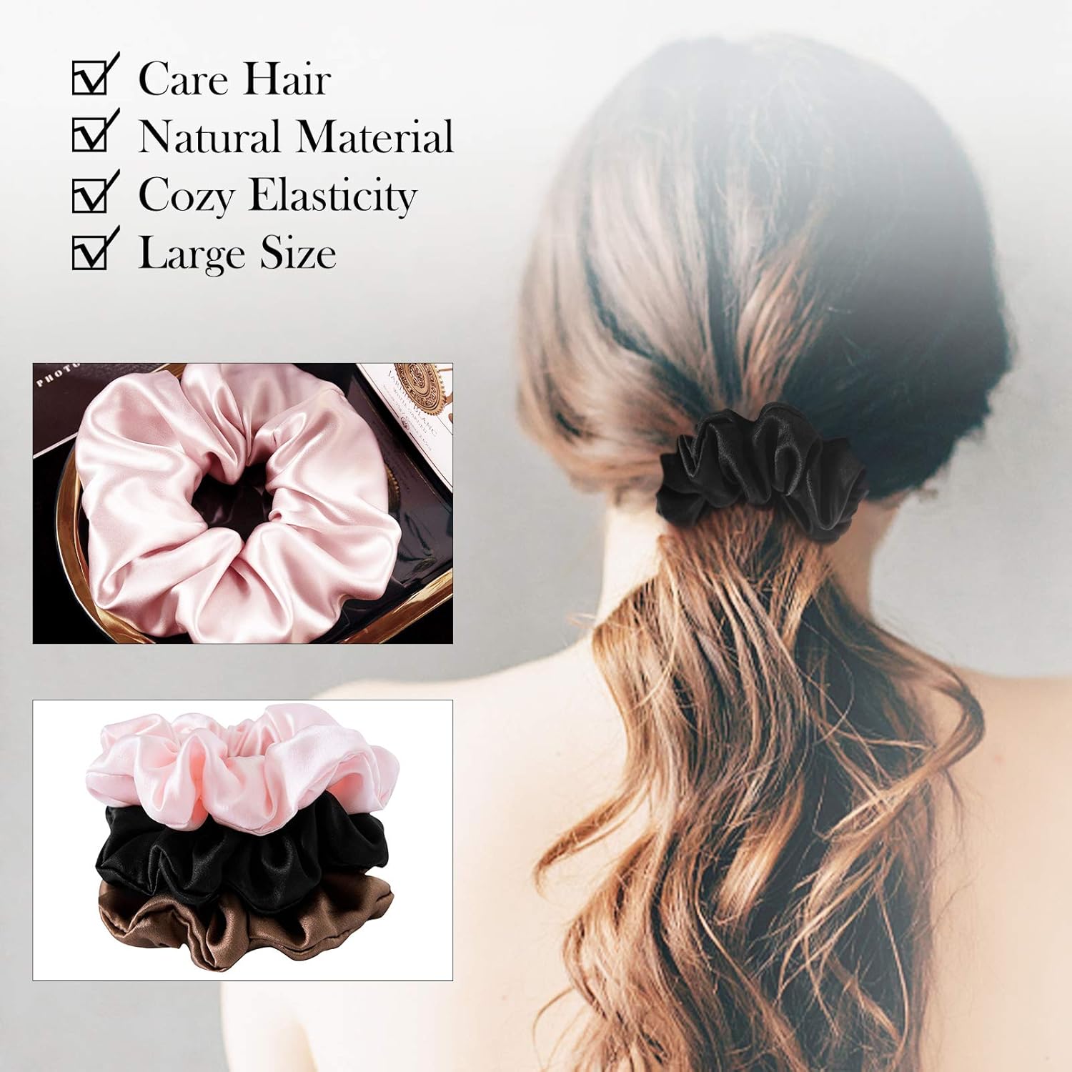 Coleteros de seda para mujer, 100% seda de morera, paquete de 3 bandas elásticas para el cabello para dormir el cabello, sin daños, accesorios