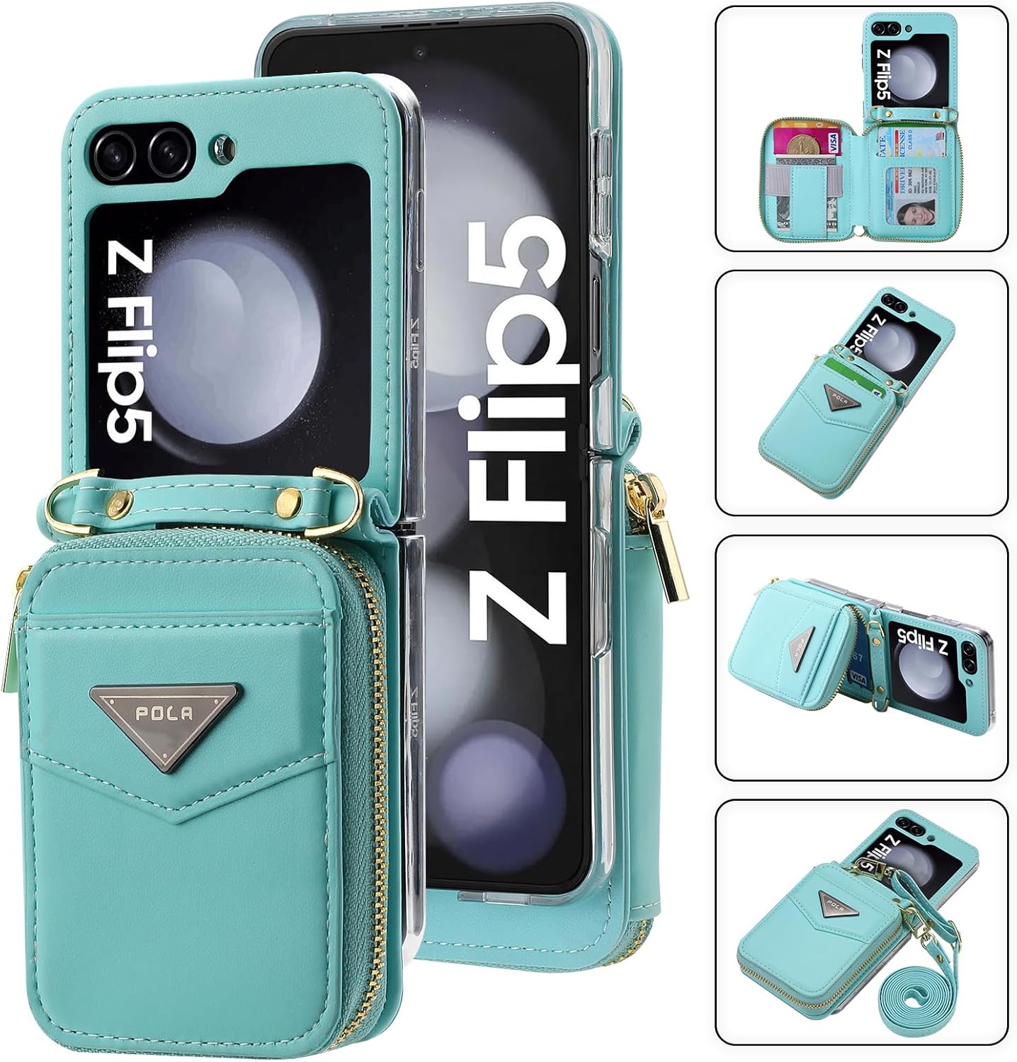 Para Samsung Galaxy Z Flip 5 Lujosa funda de cuero con cremallera ofrece 6 ranuras para tarjetas, con correa para la muñeca y correa de hombro
