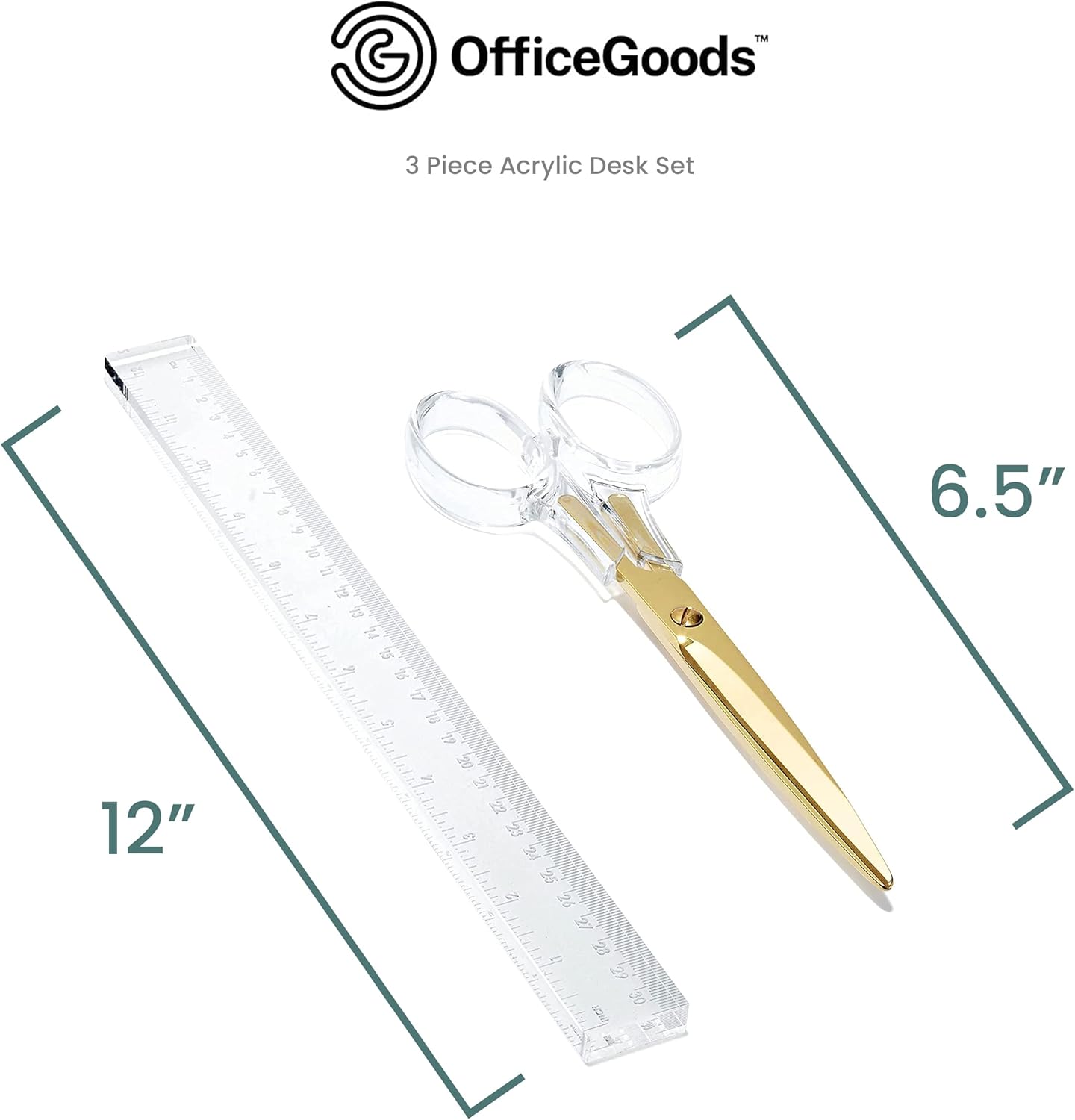 OfficeGoods Juego de escritorio de acrílico de 3 piezas, incluye regla, removedor de grapas, tijeras, accesorios de escritorio funcionales y