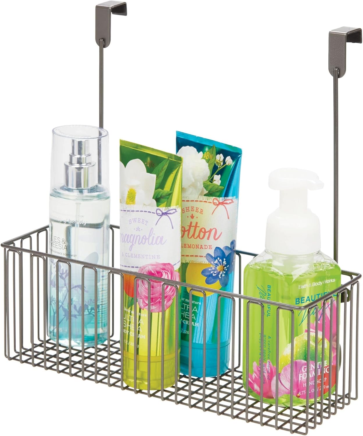 MDesign – Organizador o cesta de metal para armario de baño, para colgar en las puertas del gabinete sostiene champú, acondicionador, gel de lavado