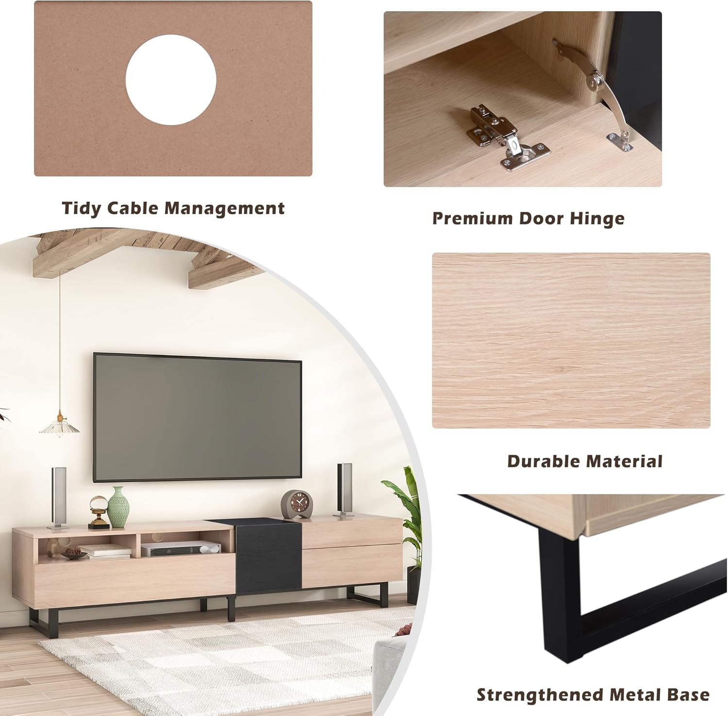 Soporte de TV de 70 pulgadas con armario de almacenamiento y estantes abiertos, consola de TV de madera natural para televisores de hasta 80