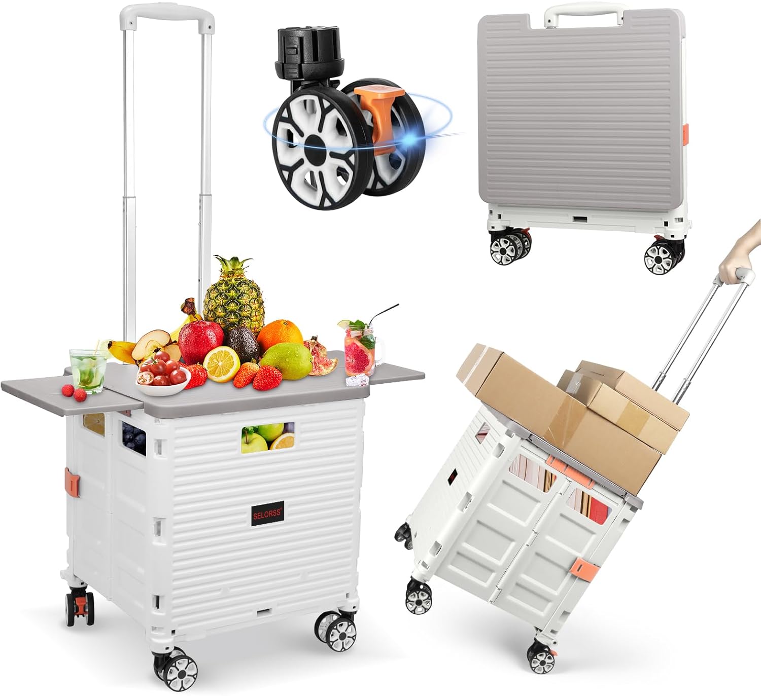 FELICON SELORSS – Carrito plegable portátil con tapa deslizante magnética, mango telescópico, caja de plástico, ruedas giratorias de 360 para
