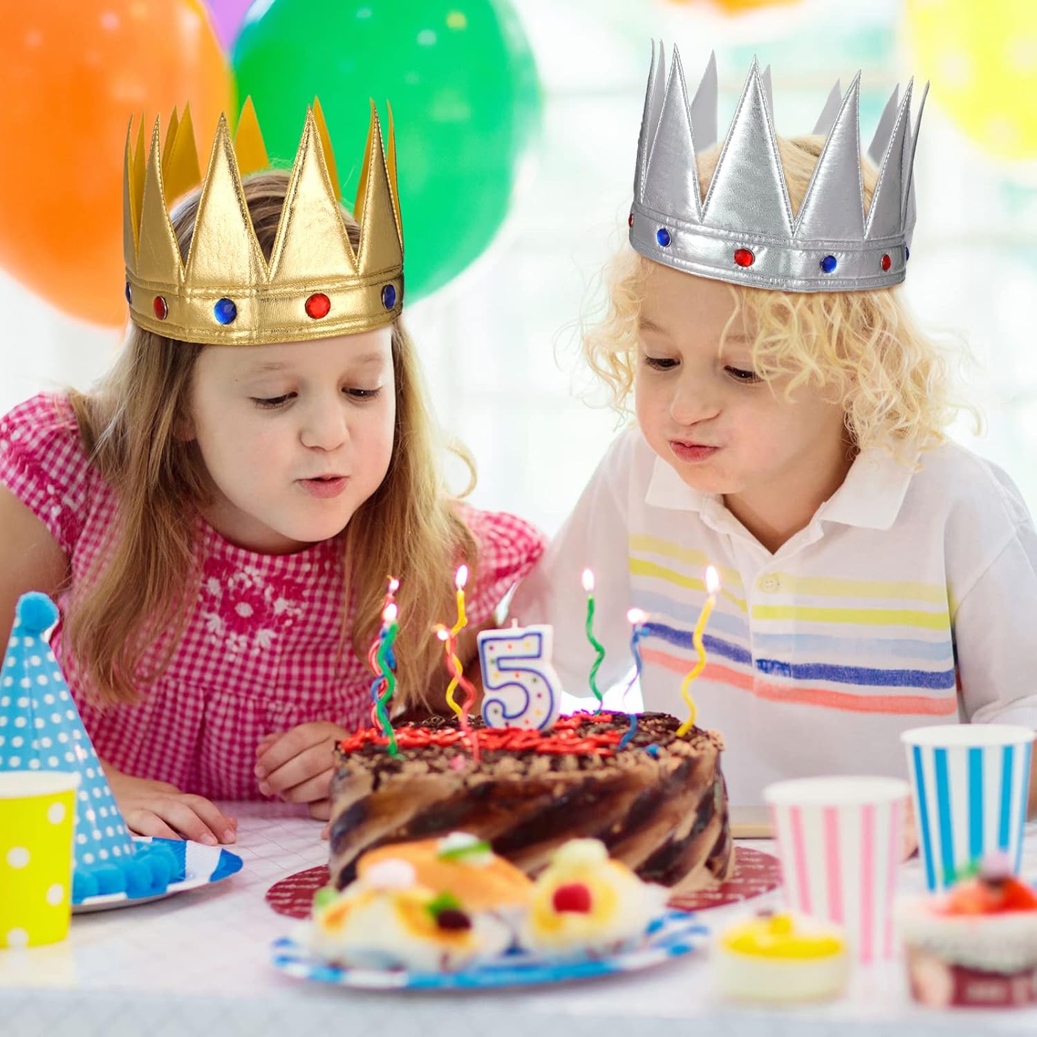 Bencailor Juego de 2 piezas de corona de cumpleaños para niños, juego de 2 piezas de corona de rey de oro y plata, ajustable, accesorio de