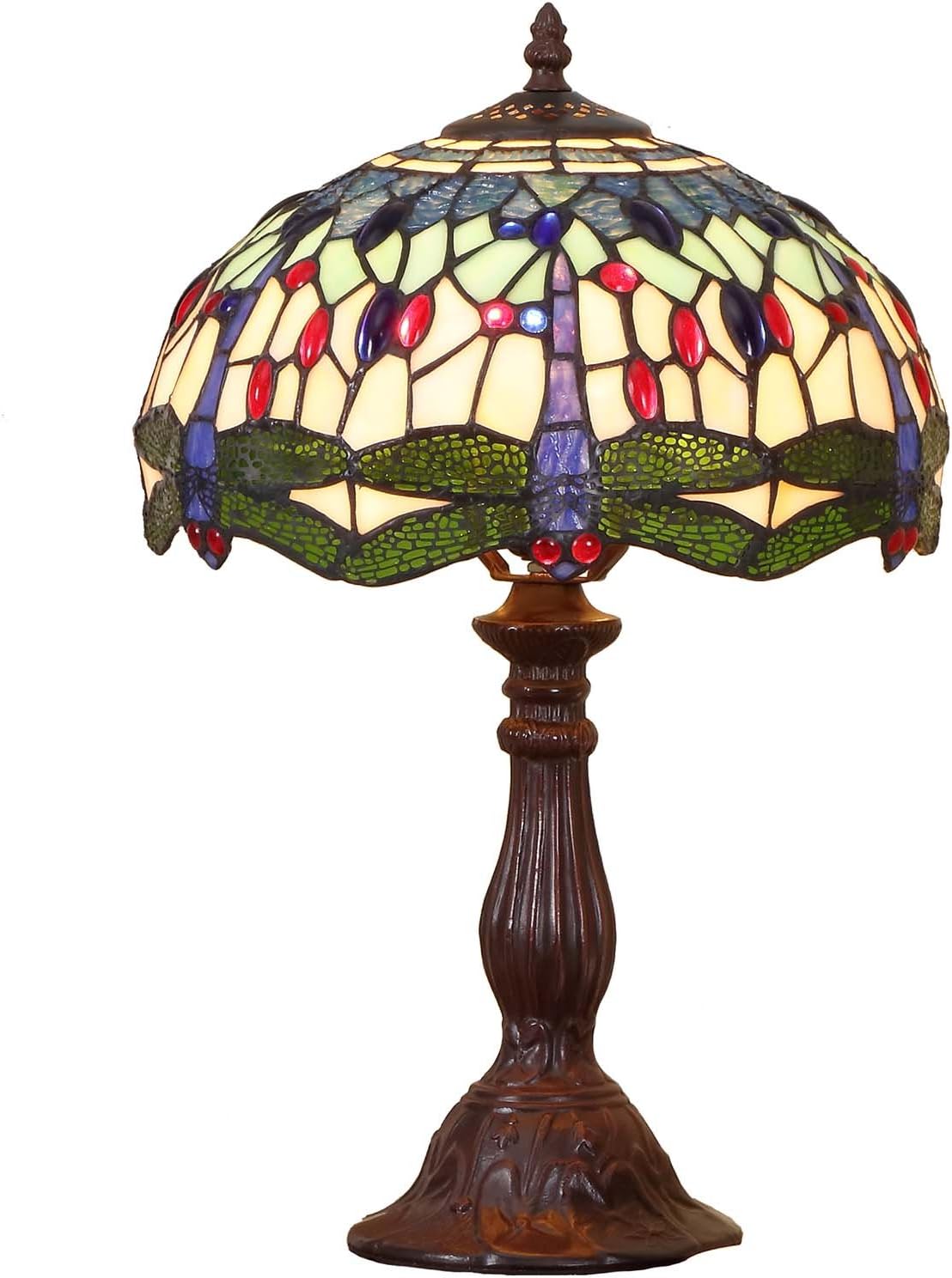 Bieye L11402 Dragonfly Tiffany Style Lámpara de mesa de vidrieras con base de metal para sala de estar, mesita de noche, decoración del hogar, 12