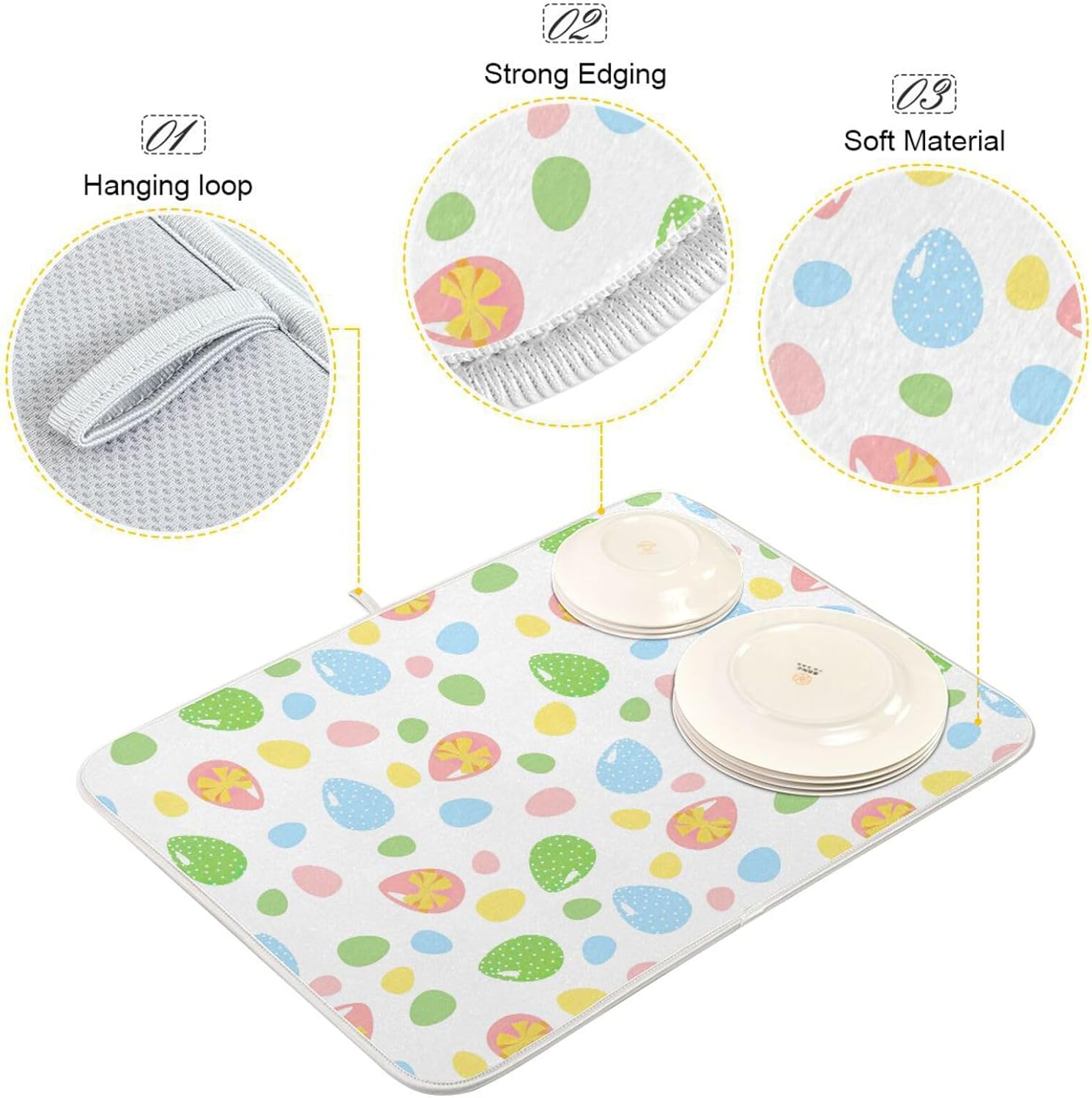 Easter Cute Colored Eggs Dish Drying Mat Washnable Absorbent Kitchen Counter Accessories Countertop Drying Mat Tapete Para Cocina 16” x 18”