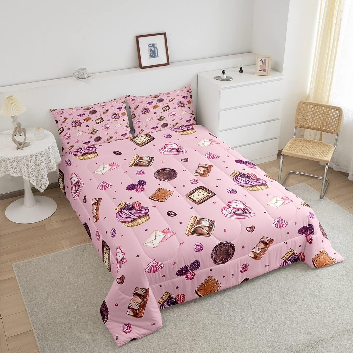 Juego de edredón de postre para niñas, tamaño Queen, juego de ropa de cama gourmet de pastel de galletas, 3 piezas para adolescentes, niños y