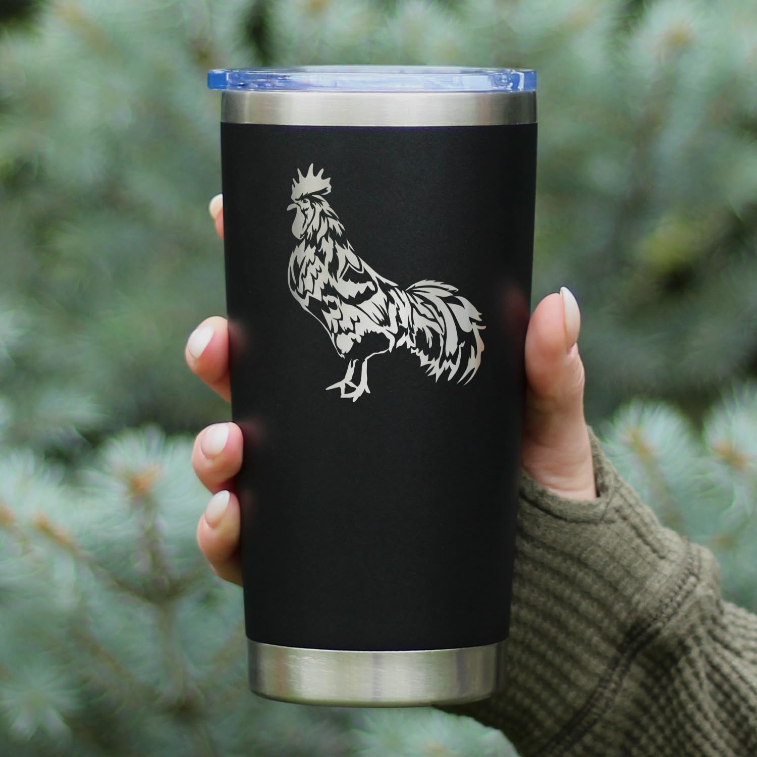 Rooster – Insulated Coffee Tumbler Cup with Sliding Lid – Stainless Steel Travel Mug – Chicken Gifts and Farm Décor for Women and Men – Black