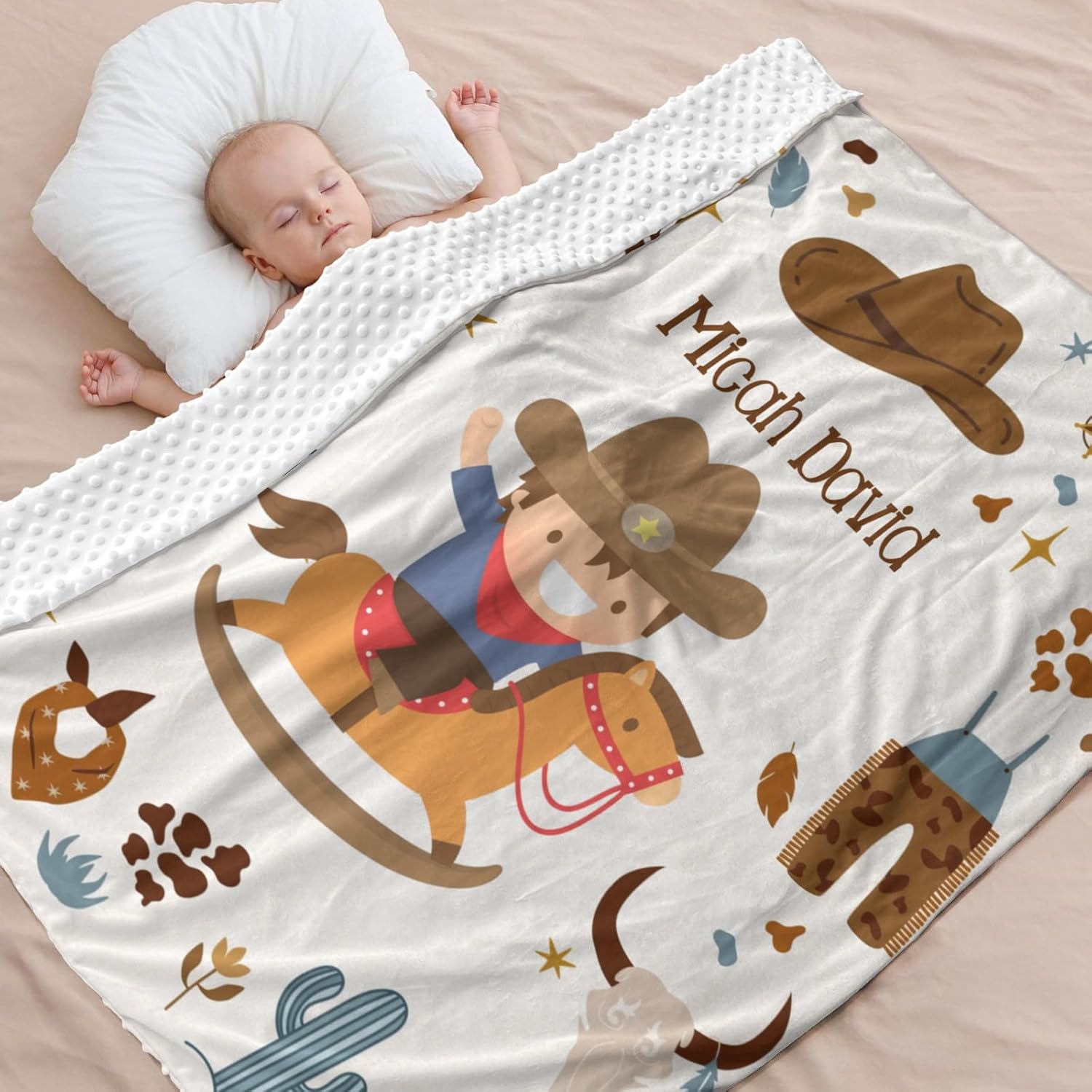 Manta personalizada de minky con lunares y caballitos vaqueros, color marrón occidental, para recién nacido, 35 x 45 pulgadas, para cumpleaños