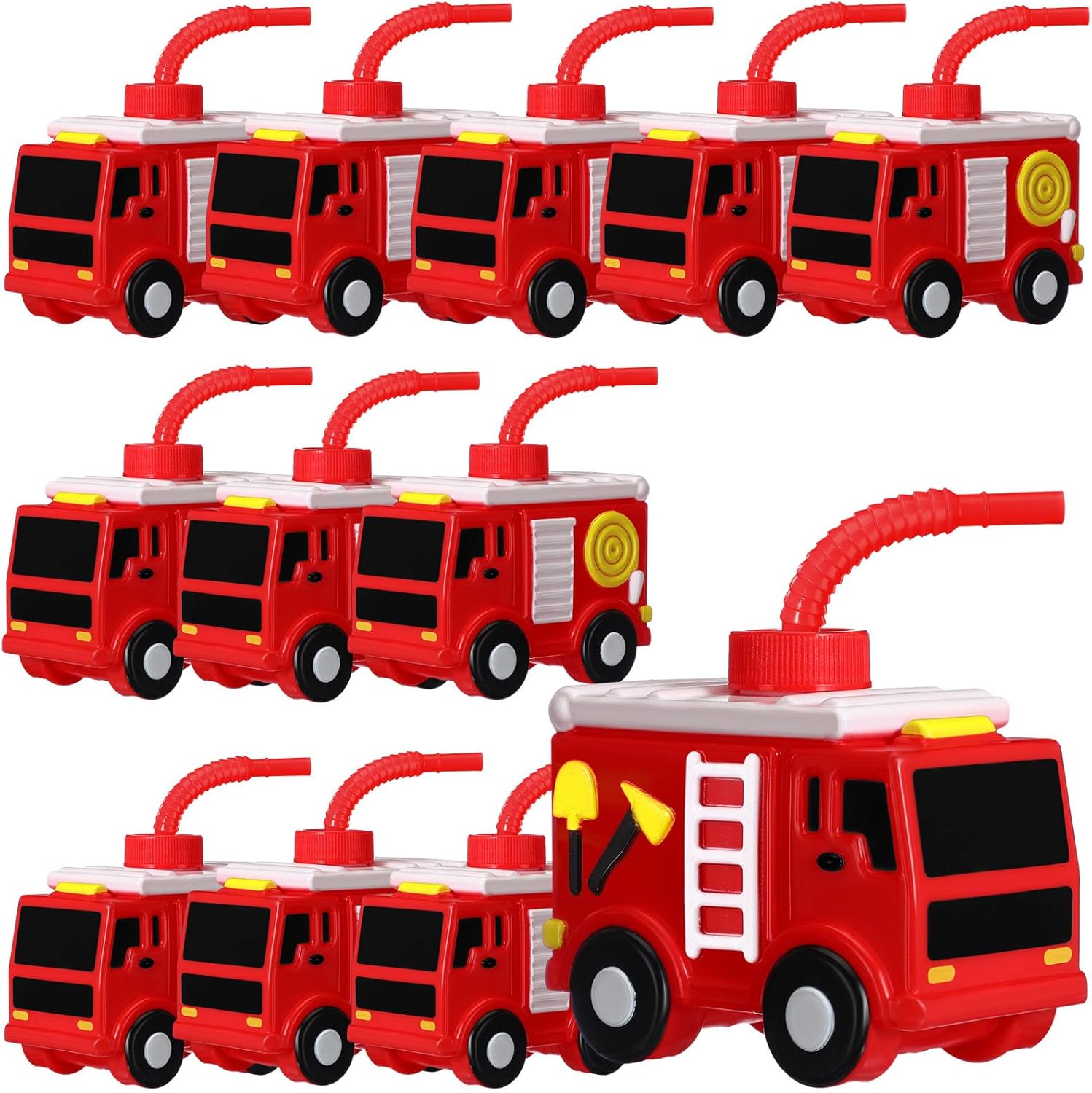 12 juegos de suministros de regalo de fiesta de bomberos, tazas de camión de bomberos con pajitas, taza de plástico con forma de camión de bomberos,
