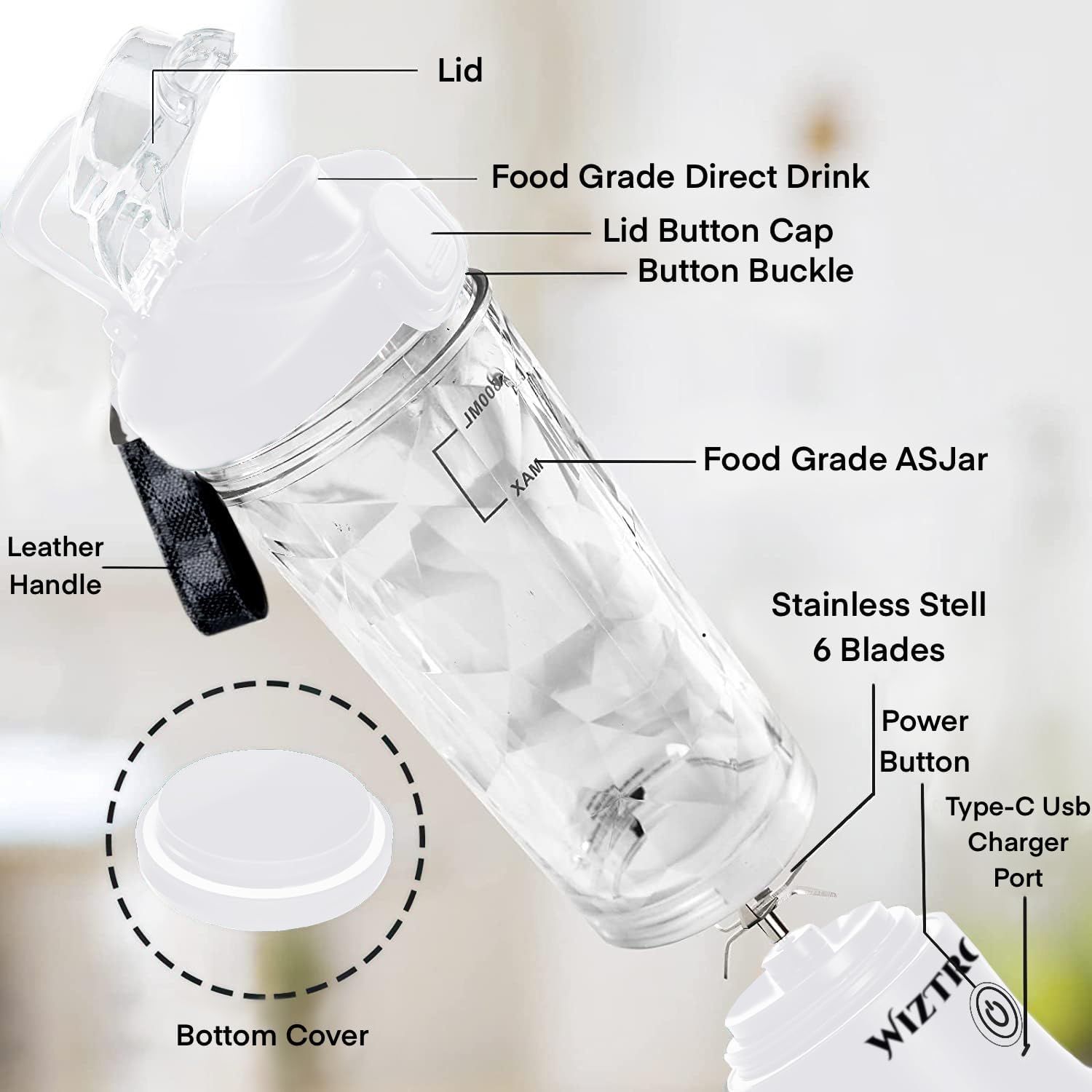 Licuadora portátil para batidos y batidos  Mini licuadora personal 20oz USB recargable viaje licuadora con 6 cuchillas – blanco
