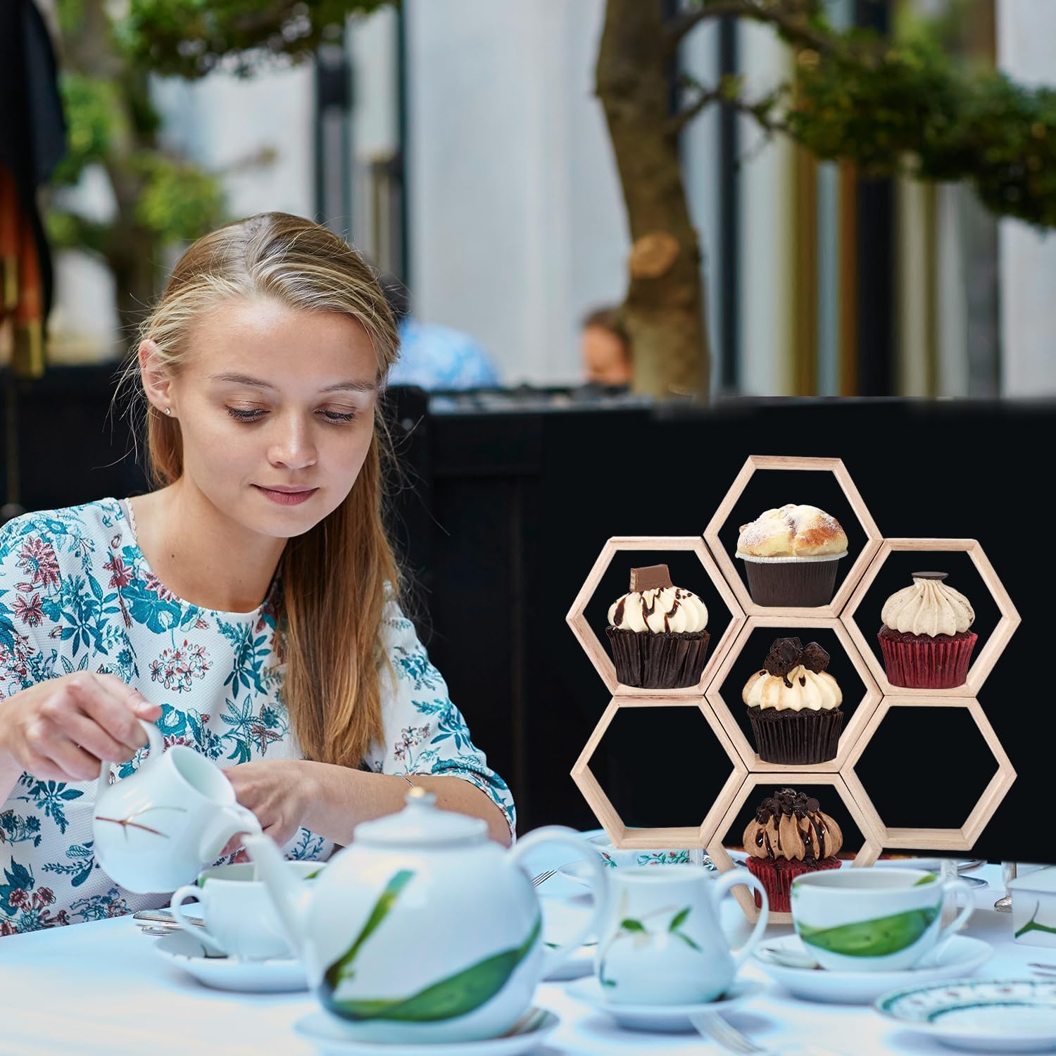 8 soportes para cupcakes de panal, soporte de madera para cupcakes de panal, soporte hexagonal para cupcakes para baby showers, niños y niñas,