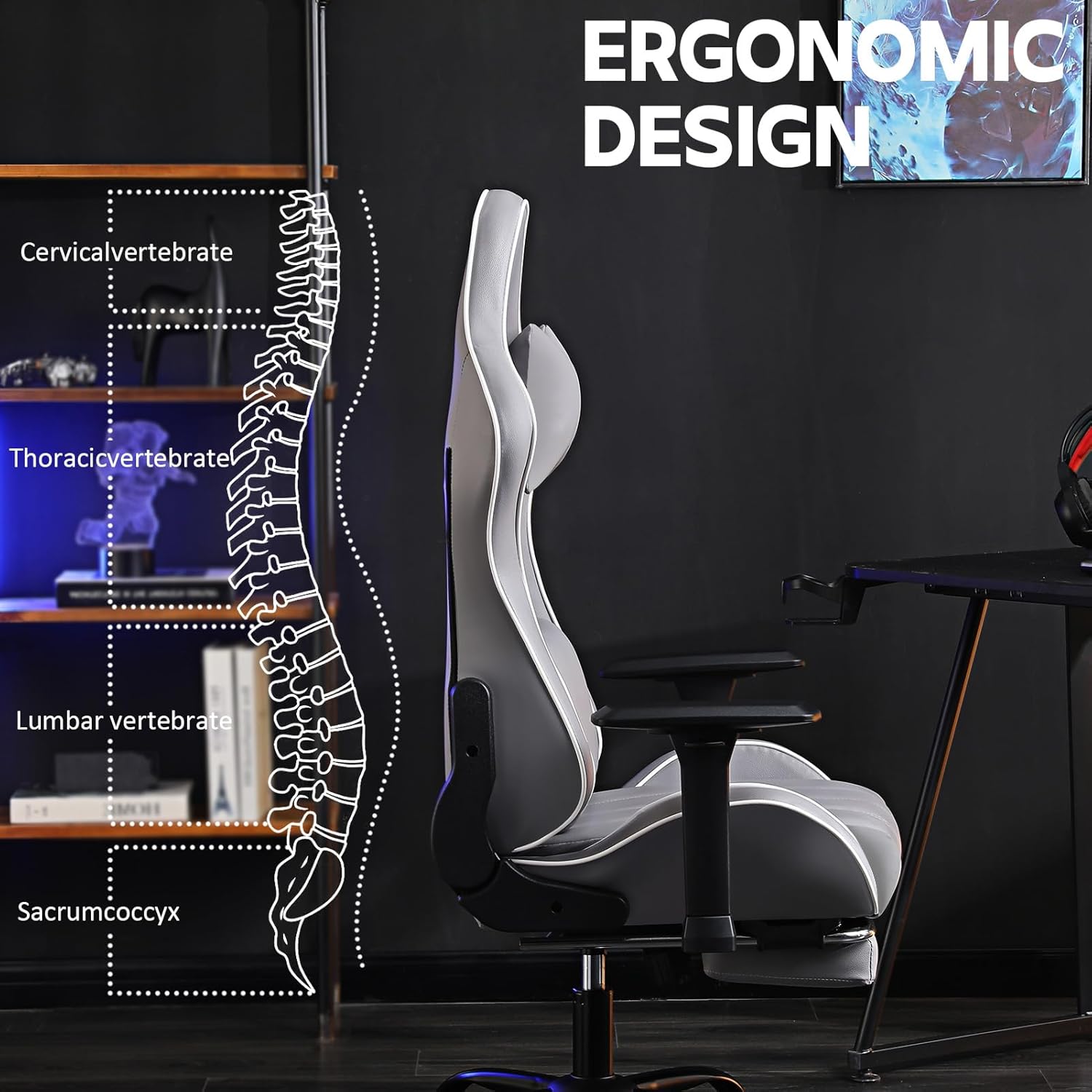 Silla de oficina para juegos con soporte lumbar de masaje, piel sintética, respaldo alto, ajustable, giratoria, con reposapiés, silla de computadora
