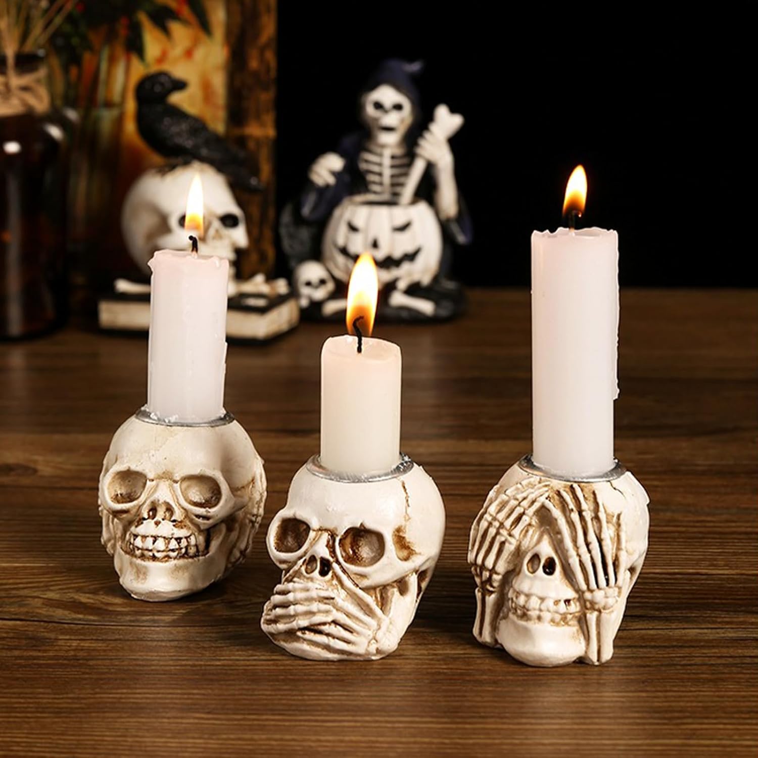 Whaline 4 portavelas de Halloween, diseño de esqueleto gótico, calavera de palma, candelabro, portavelas de resina para el hogar, mesa, temática
