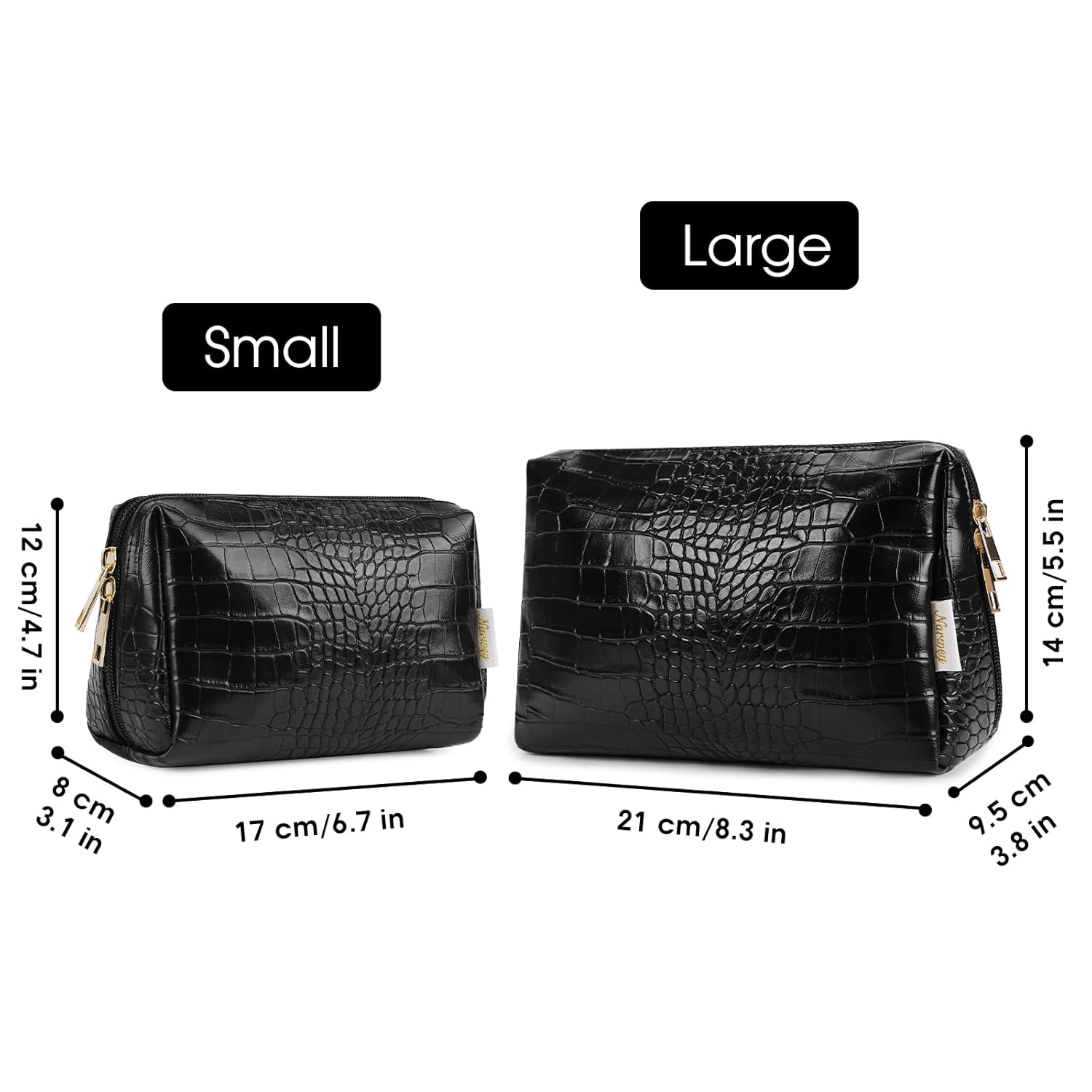 Narwey Bolsa grande de maquillaje de cuero vegano con cremallera, organizador de cosméticos de viaje para mujeres (grande, WX-negro)