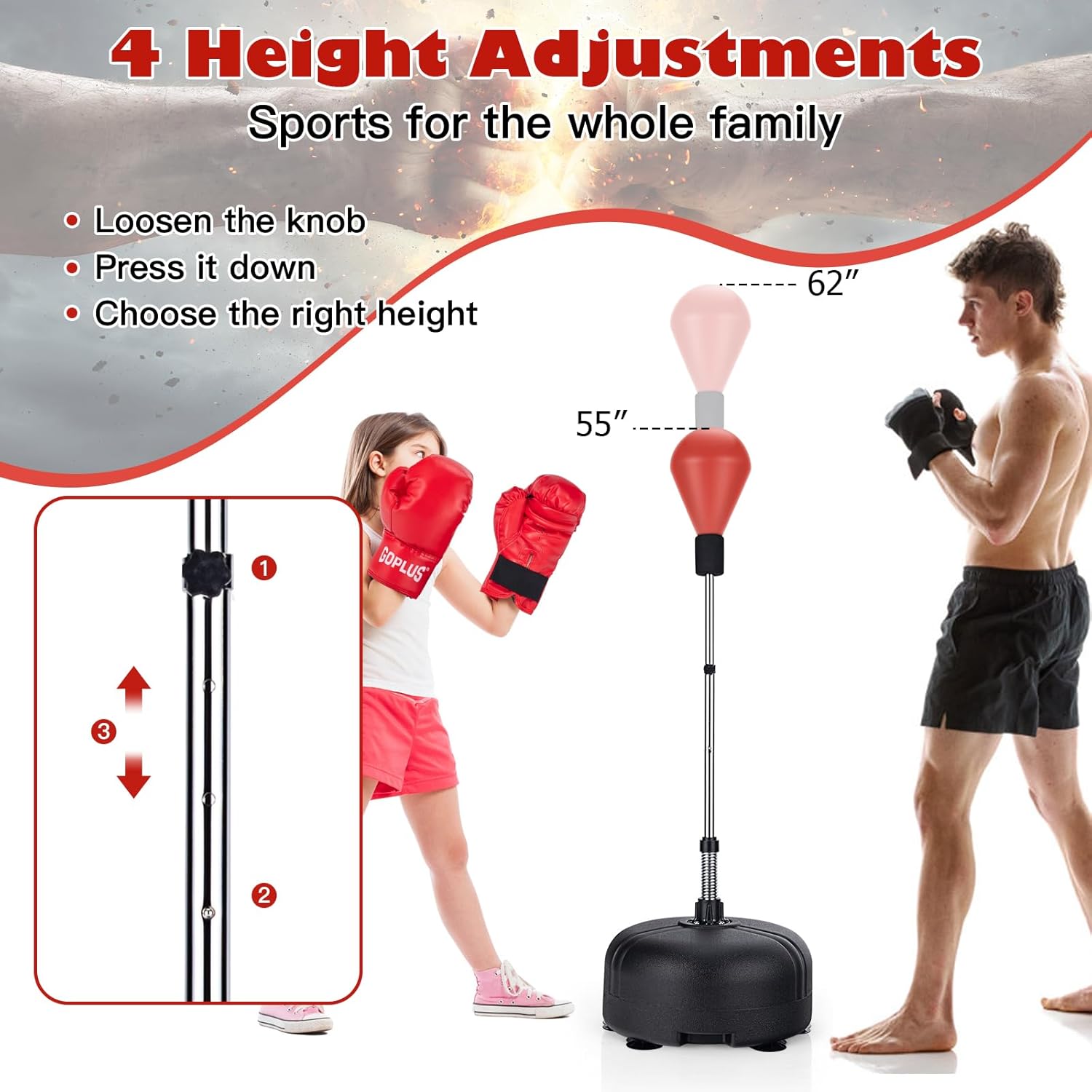 Goplus Saco de boxeo con soporte para adultos y niños, bolsas de velocidad refleja independientes con altura ajustable de 55 a 62.5 pulgadas, equipo