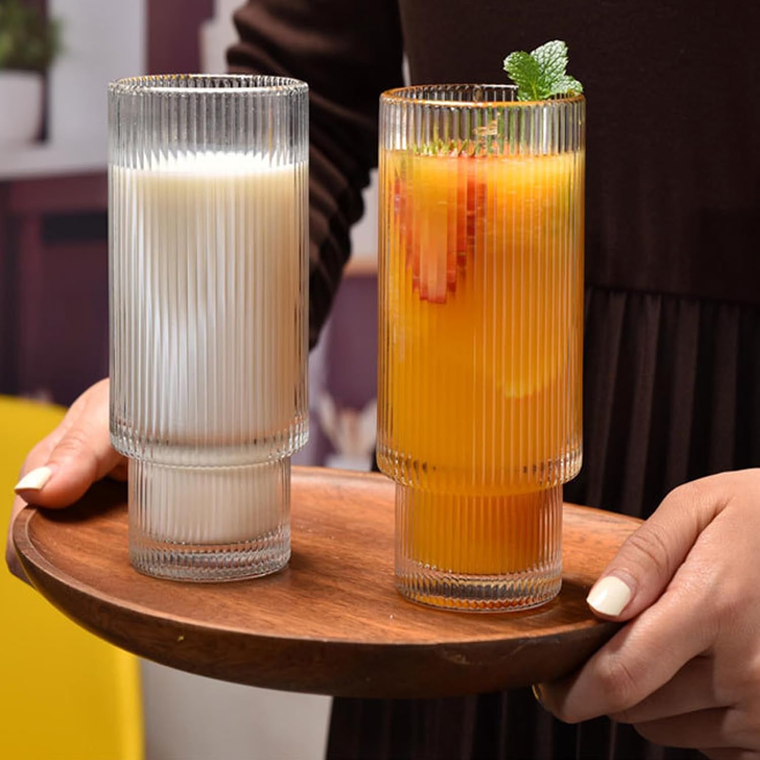 XKXKKE Juego de 6 vasos de bebida acanalados de 12 onzas, cristalería transparente vintage para café helado, vasos altos para cola de coocktail,