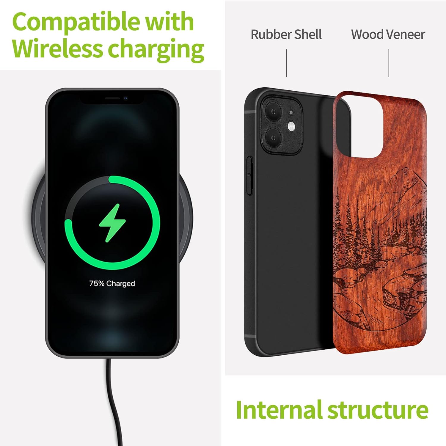 Carveit Funda magnética de madera para iPhone 12 madera natural y TPU suave negro a prueba de golpes, funda de madera única compatible con magsafe