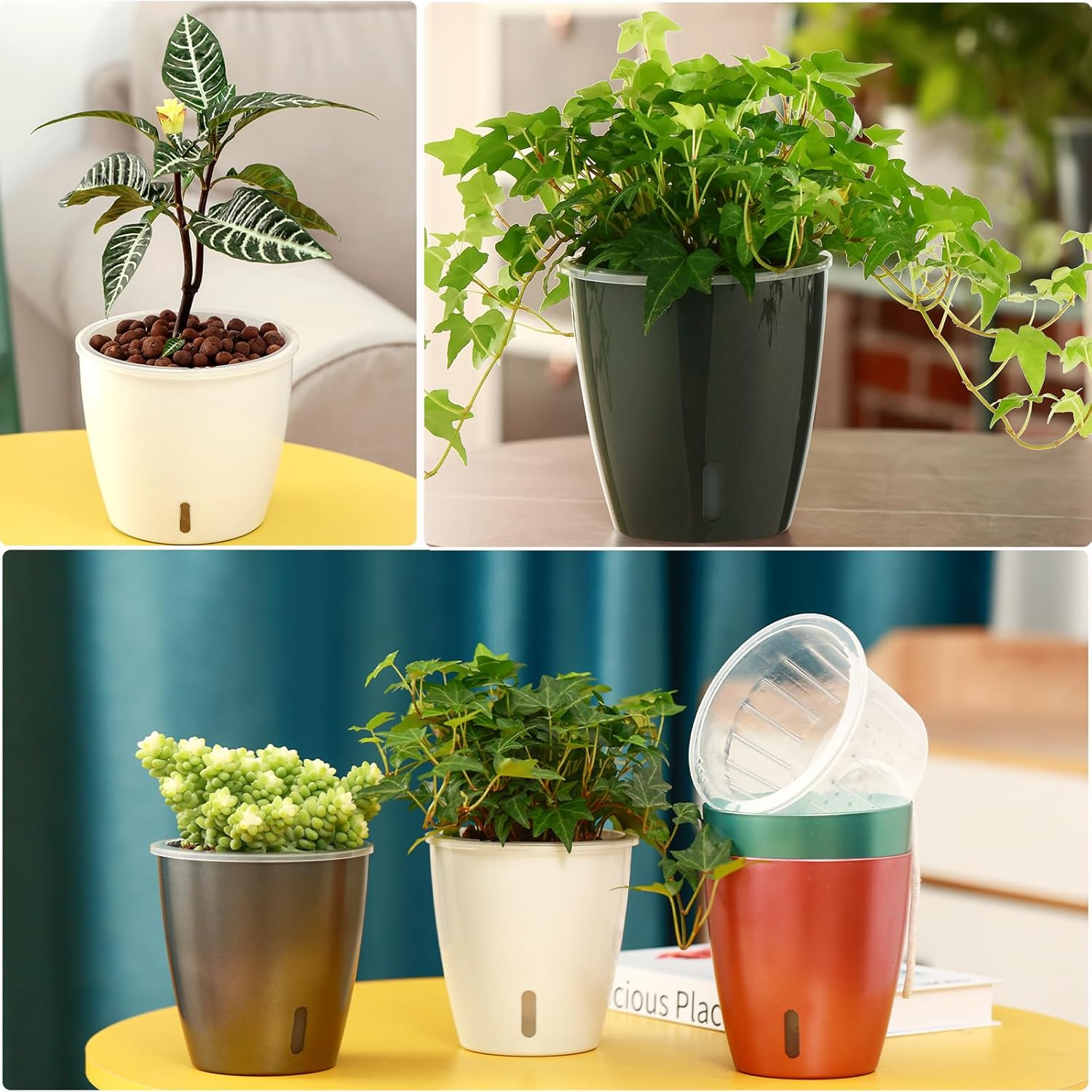 Paquete de 6 macetas de riego automático de 5 pulgadas para plantas de interior con indicador, maceta de orquídeas con mecha transparente para