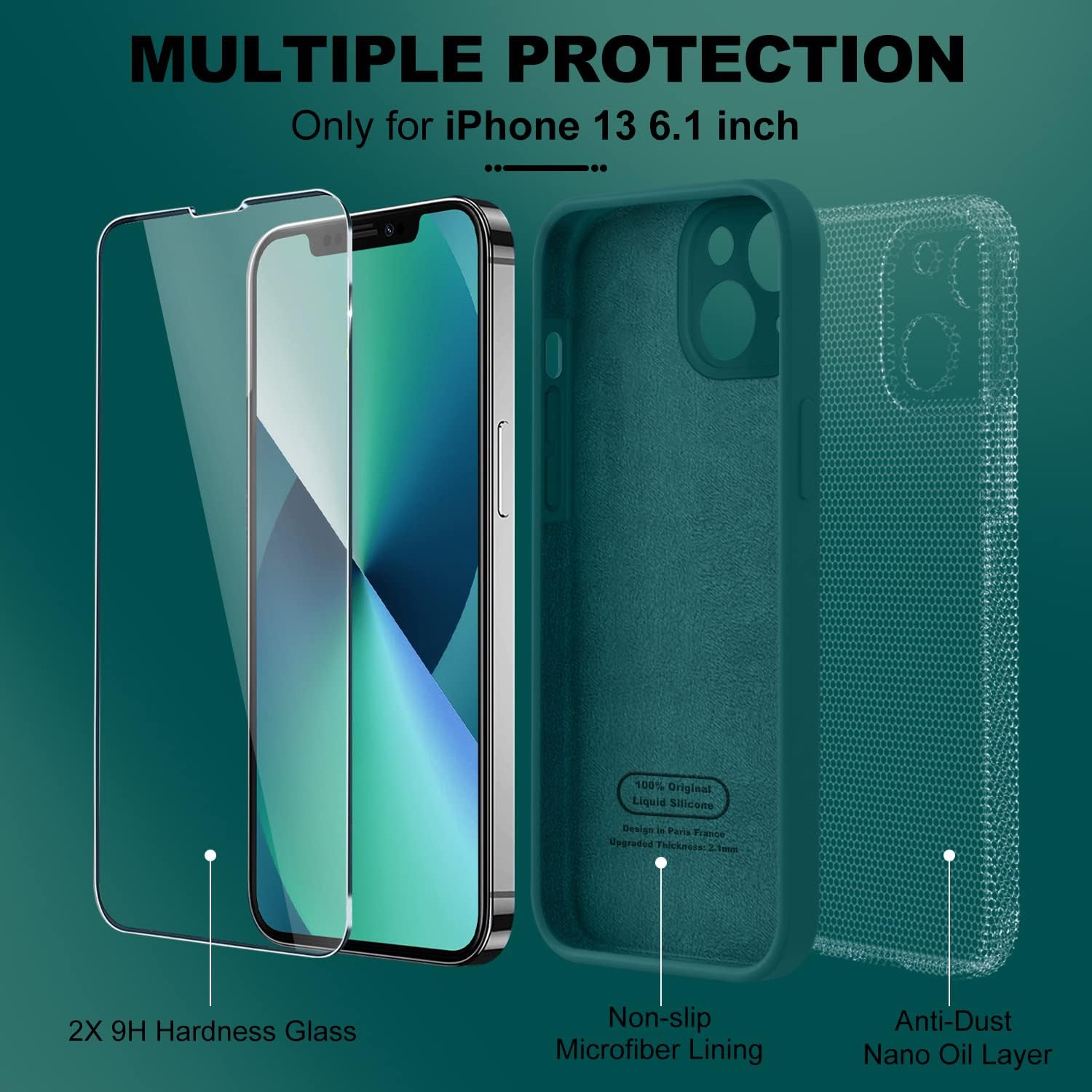 BossKiss Funda compatible con iPhone 13, silicona de alta calidad mejorada protección de cámara 2 protectores de pantalla forro de microfibra suave