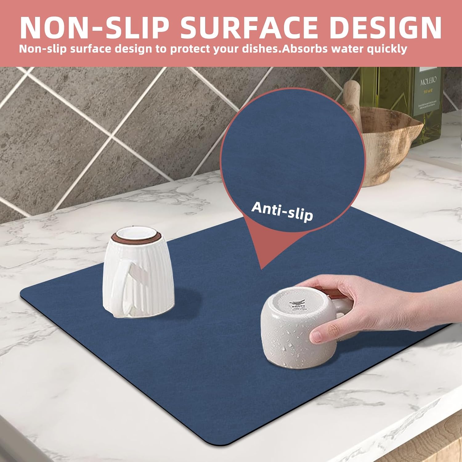 Tapete de secado de platos para encimera de cocina, con parte trasera de goma absorbente, antideslizante, de secado rápido, tapete de café fácil de