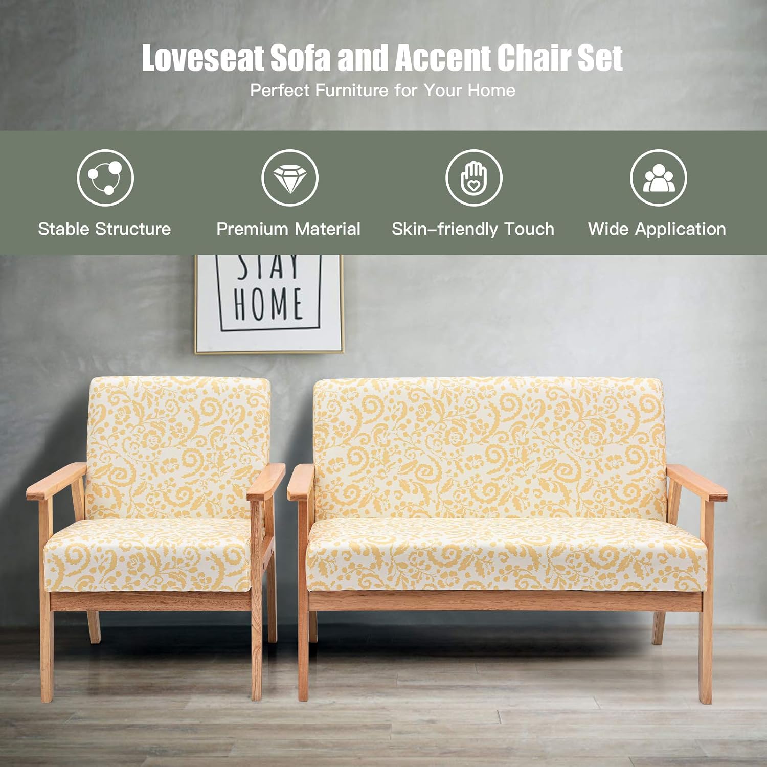 Giantex Mid-Century – Juego de sillas decorativas de madera de dos plazas, silla decorativa de madera tapizada con madera de caucho, bonito patrón,
