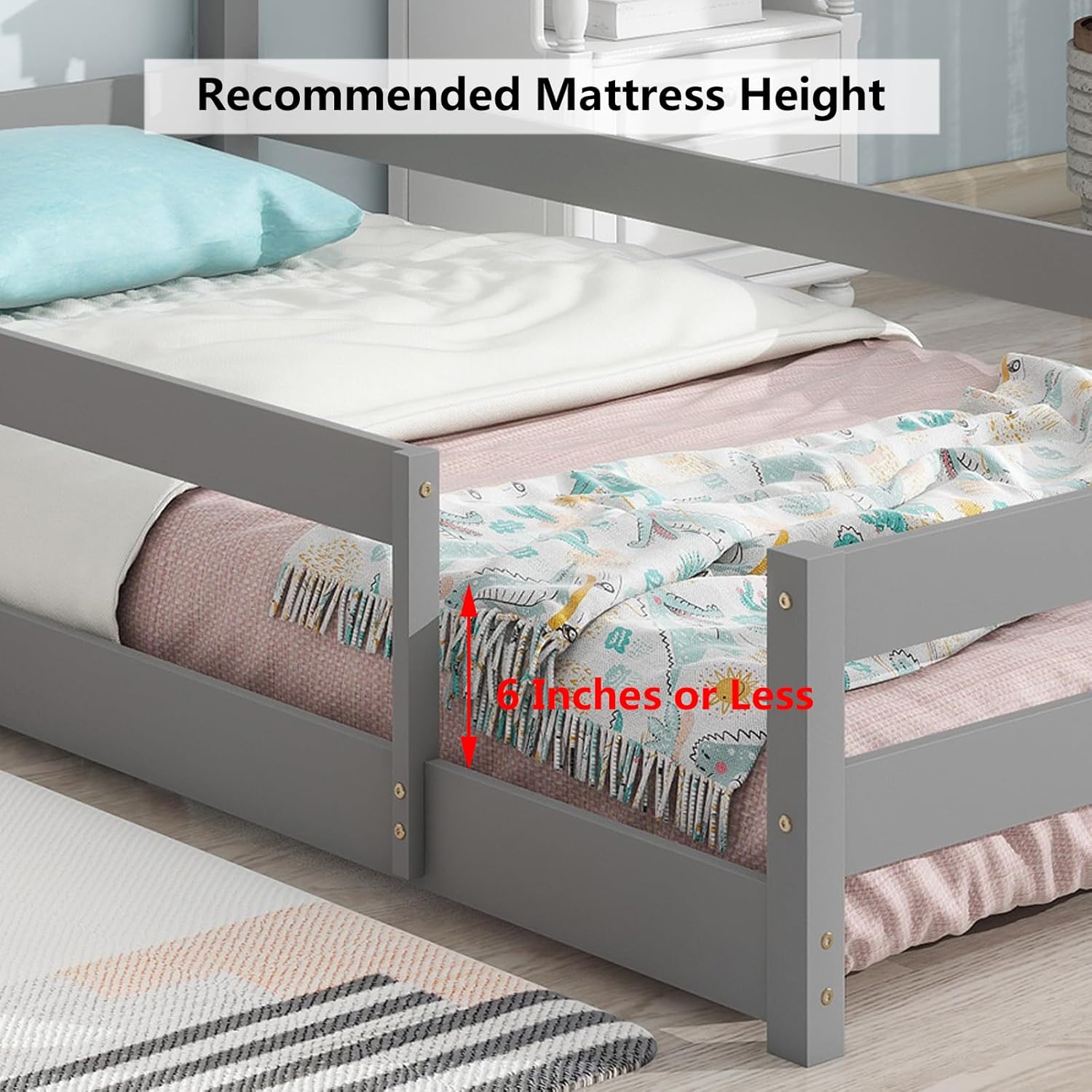 Cama de suelo Montessori individual, marco de cama de tamaño individual con cabecero y cercas en forma de casa, cama de piso individual para niños,