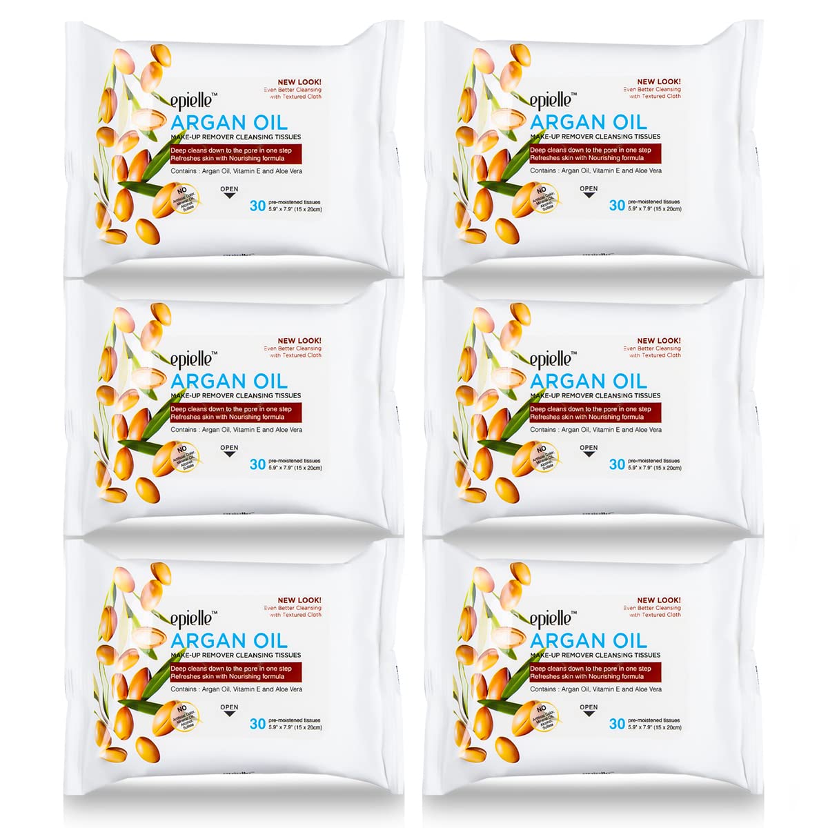 Epielle Toallitas limpiadoras de aceite de argán  30 unidades, paquete de 6  Toallitas faciales diarias suaves para todo tipo de piel  Elimina la