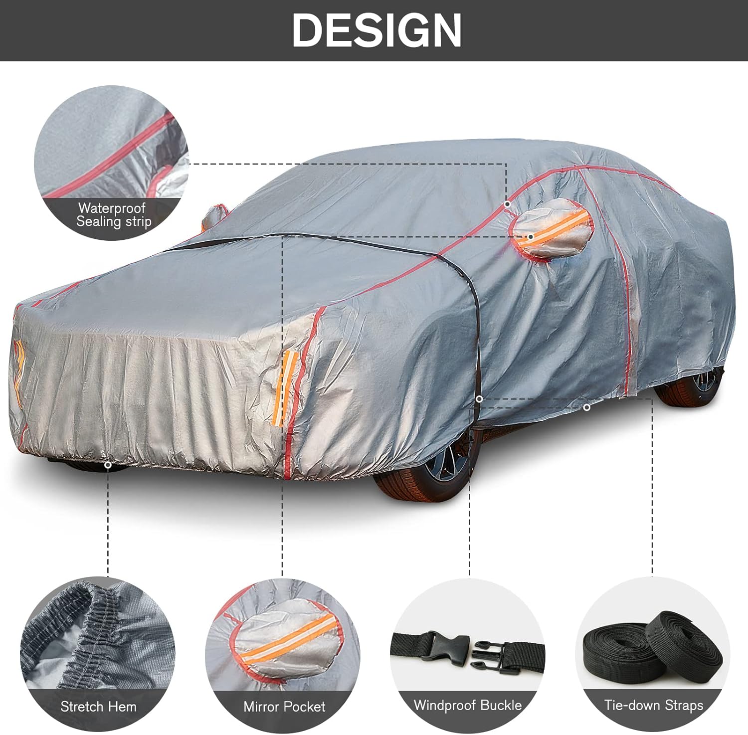 Funda de automóvil impermeable para todo tipo de clima, 6 capas exteriores completas con cremallera de algodón, bolsillo para espejo. Funda de