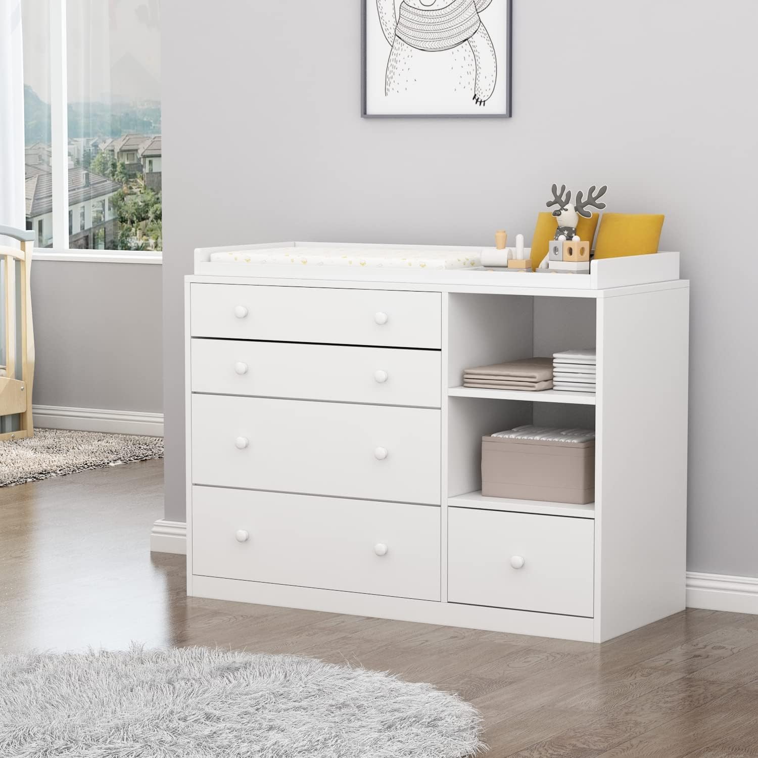 AIEGLE Cómoda de bebé, cómoda de dormitorio blanca con 5 cajones y estantes de almacenamiento, cómoda de madera para almacenamiento de habitación