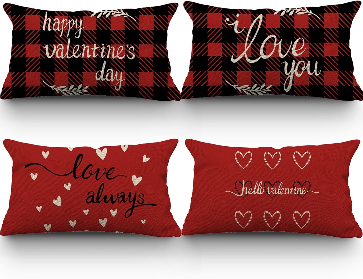 Juego de 4 fundas de almohada para el Día de San Valentín de 12 x 20 pulgadas, fundas de almohada con diseño de corazón rojo y amor para el hogar,