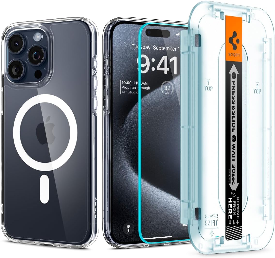 Spigen MagFit – Funda magnética ultra híbrida diseñada para iPhone 15 Pro Max, protector de pantalla de vidrio EZ Fit, antiamarilleo, protección de