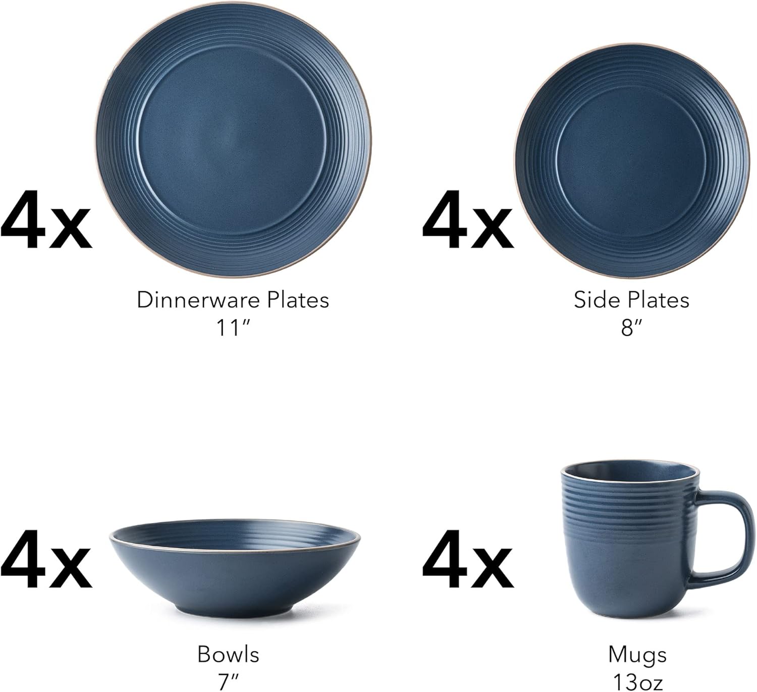 Arora RINGAR 428051 – Juego de 4 vajilla redonda de cerámica, platos llanos, platos laterales, cuencos para cereales, tazas, color azul mate moteado