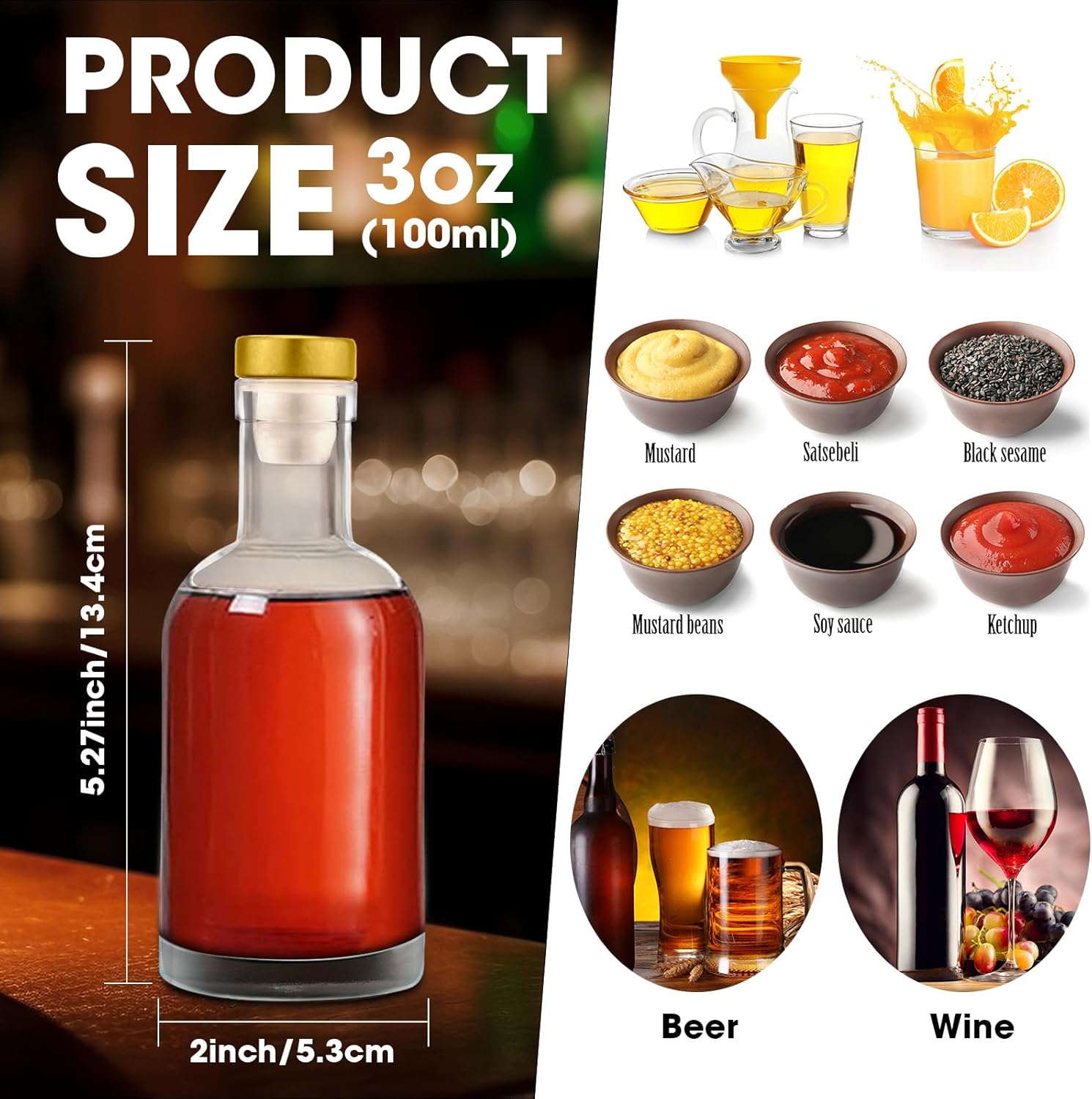 Dandat 24 botellas de vidrio transparente de 3 onzas con tapa hermética en T Top, botellas de vino de 3.4 fl oz, botellas de salsas de fondo pesado,