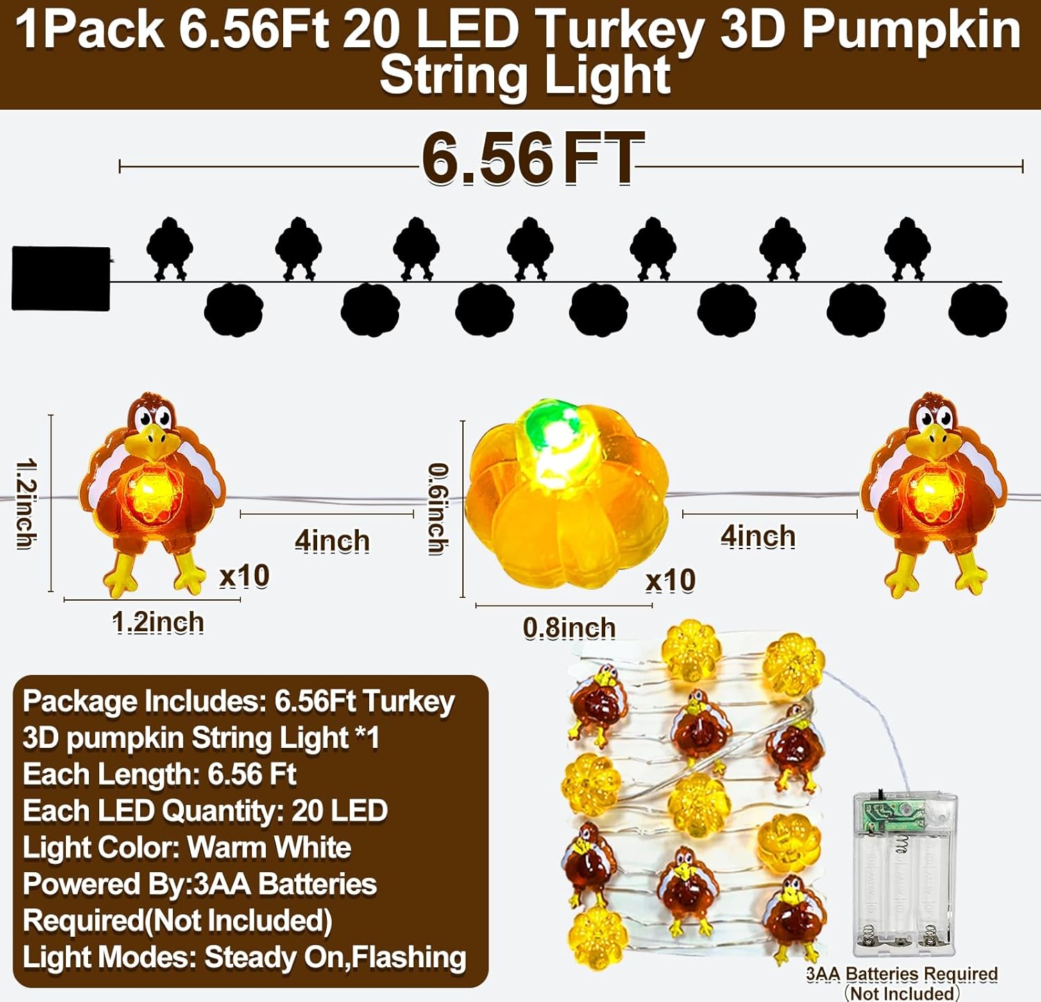 TURNMEON Guirnalda de luces de calabaza 3D de pavo de Acción de Gracias, 6.56 pies, 20 luces LED, funciona con pilas, alambre de cobre, guirnalda de