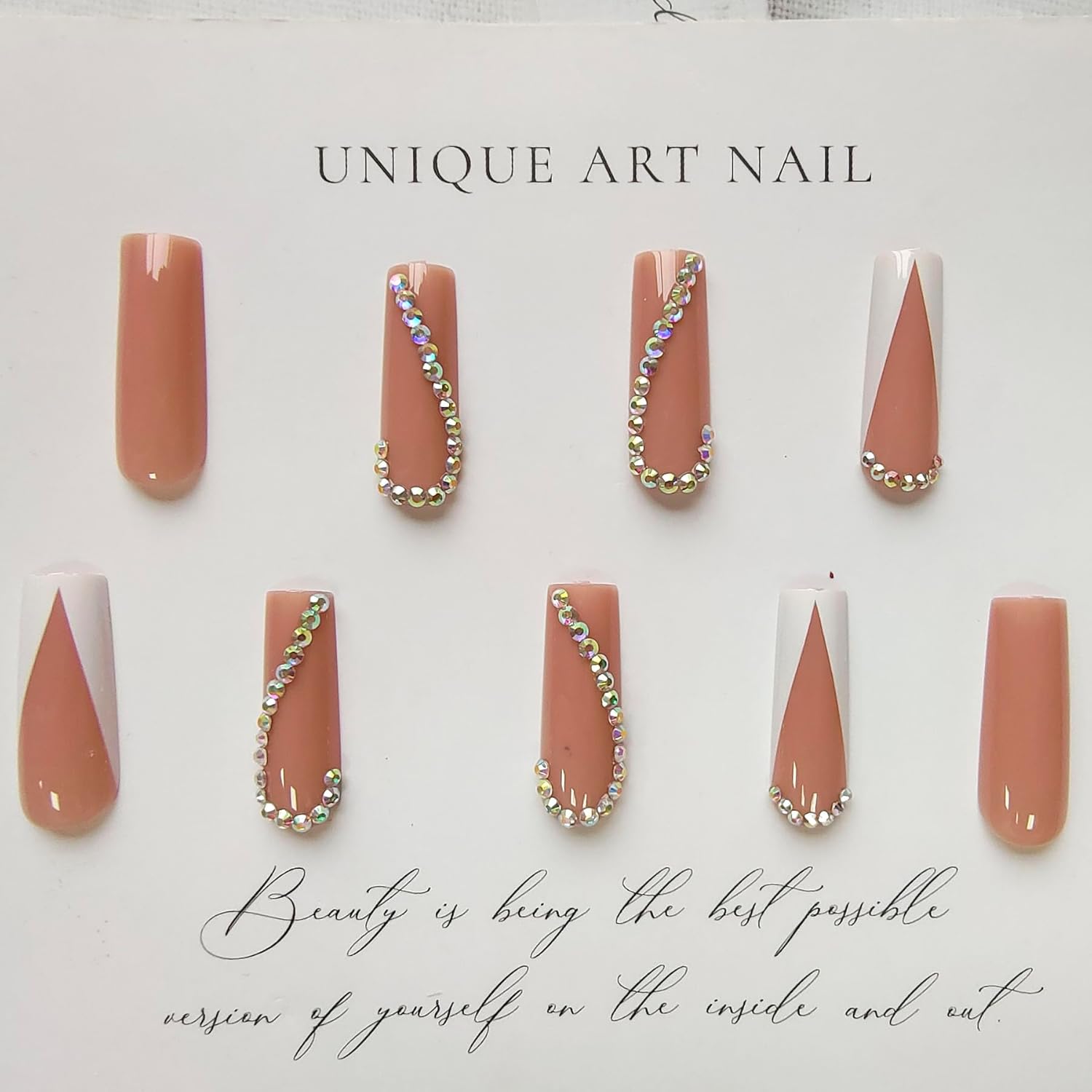 Uñas largas a presión, uñas postizas cuadradas, uñas acrílicas de cobertura completa con diamantes de imitación, uñas artificiales rosa claro con