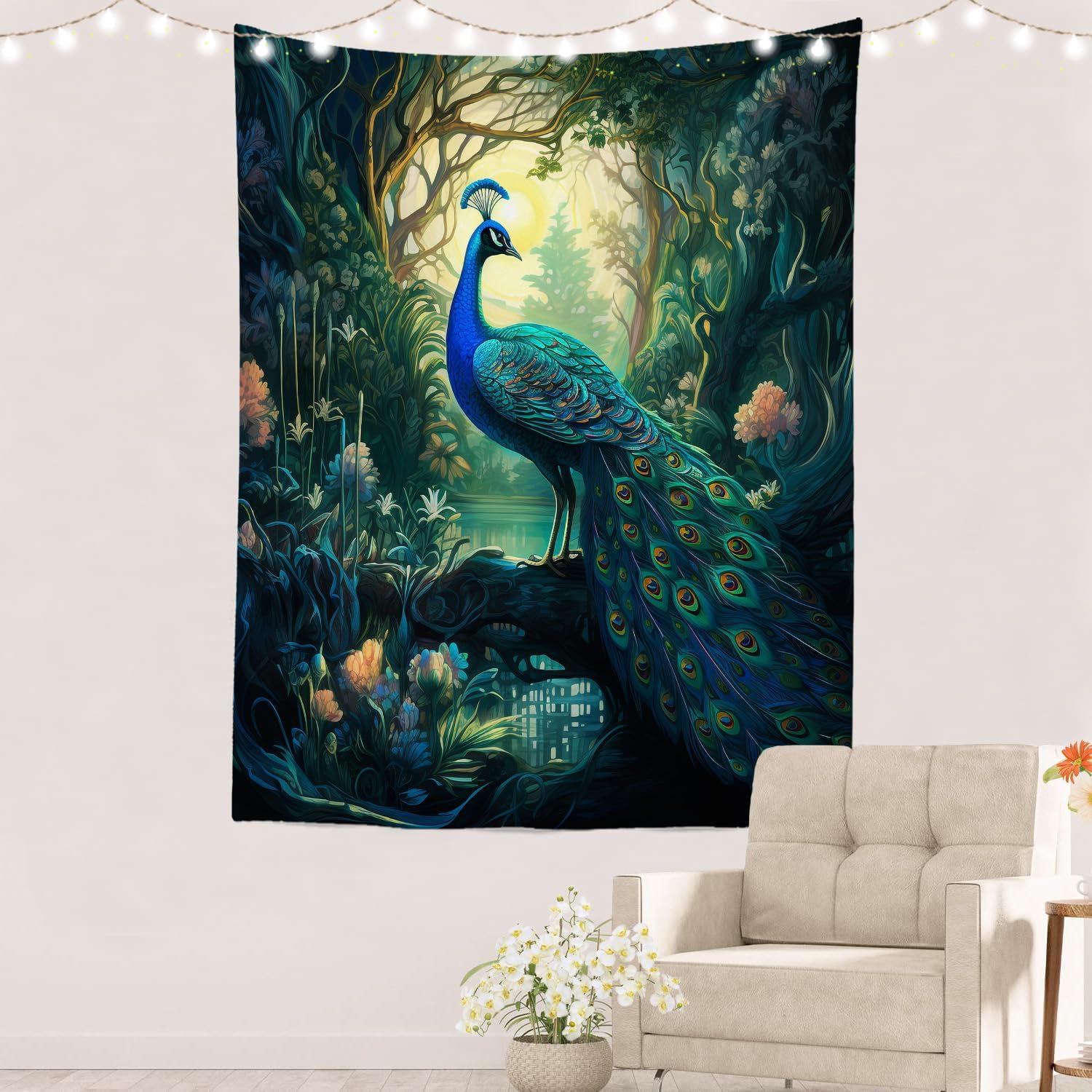 Batmerry Tapiz turquesa pavo real, hojas verdes, torre de templo natural, arte de pared, decoración para colgar, fibra de poliéster, blanco con