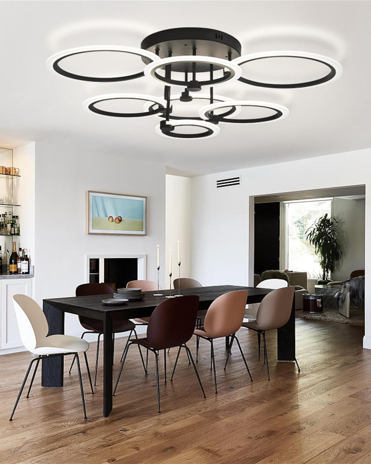 Lámpara de techo LED moderna de 7 anillos regulables con control remoto negro cerca de la luz de techo de 31.8 pulgadas, 130 W, 3000 K-6500 K,