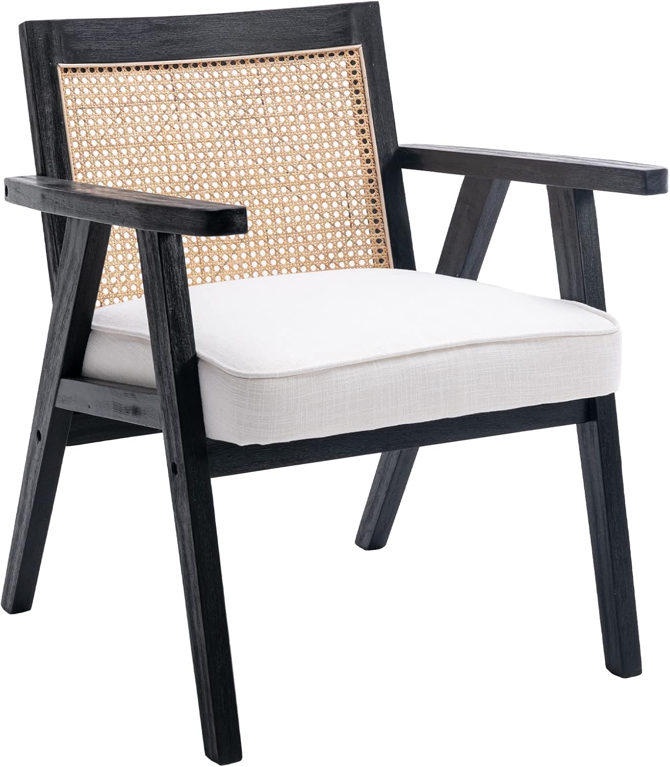 chairus Silla decorativa para sala de estar, sillón tapizado de lino con respaldo de ratán transpirable y madera maciza negra, moderna y compacta