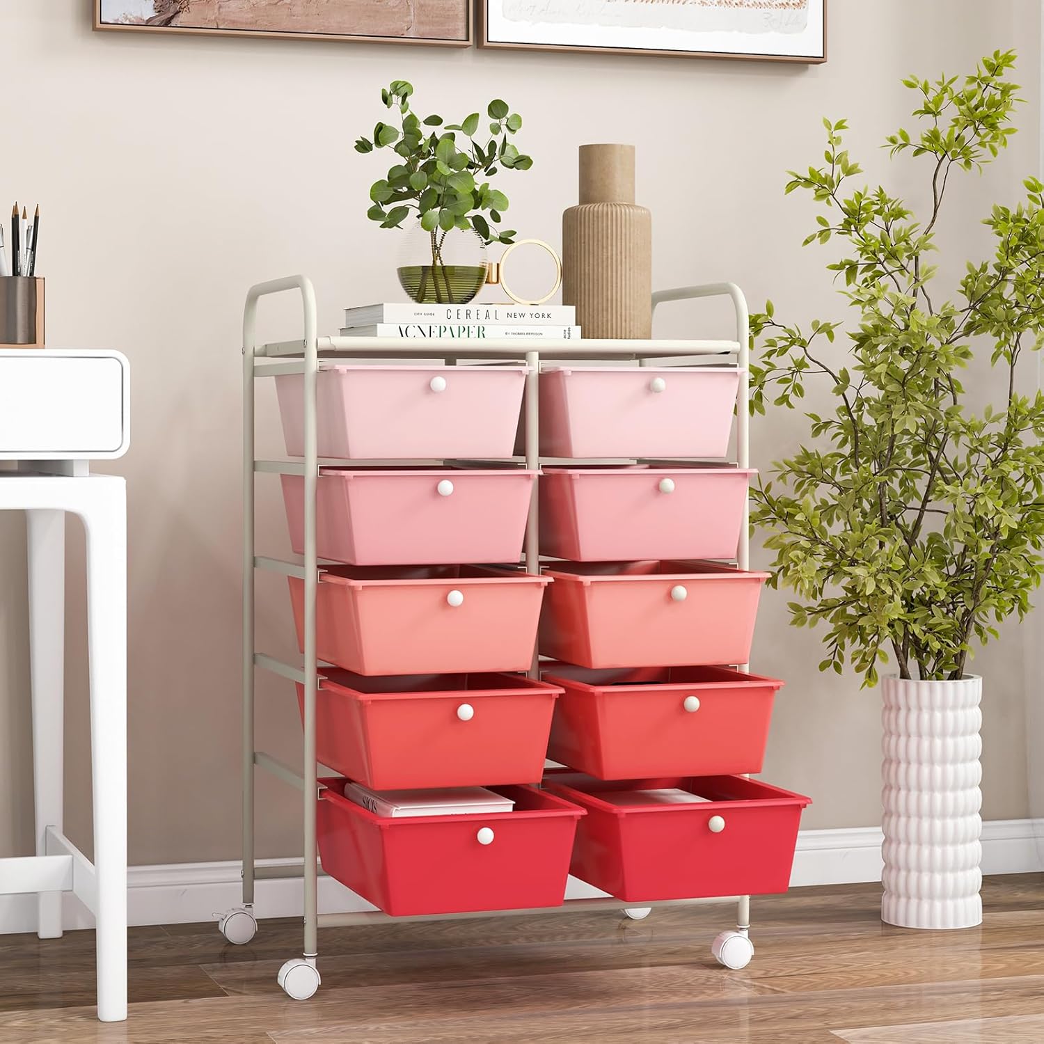 GOFLAME Carrito de almacenamiento con ruedas de 10 cajones, organizador de almacenamiento de manualidades sobre ruedas, carrito móvil multiusos para