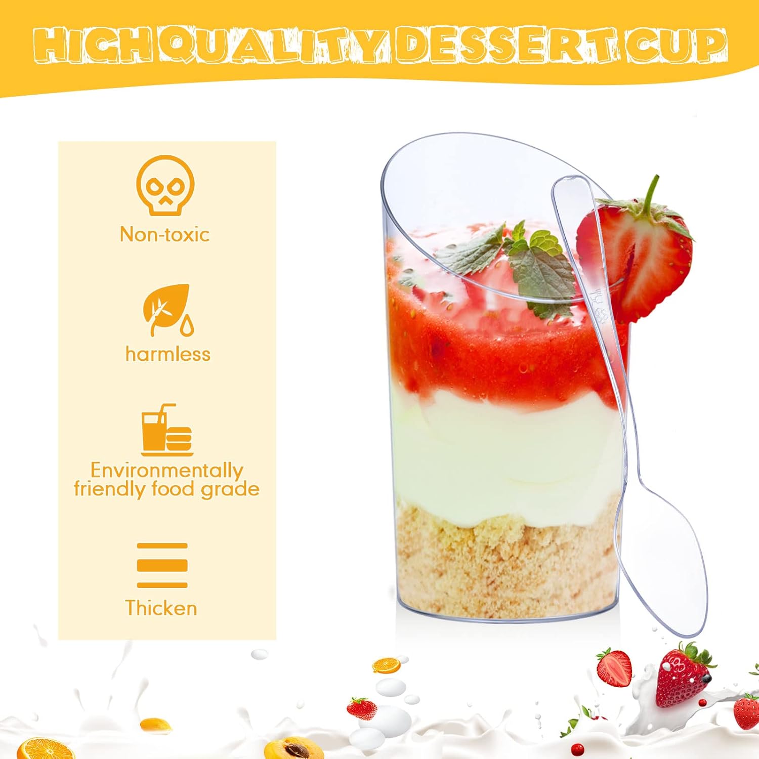 Mini tazas de postre de plástico con cucharas que incluyen tazas cuadradas de 3 onzas para aperitivos de 2.5 onzas, tazas redondas inclinadas para